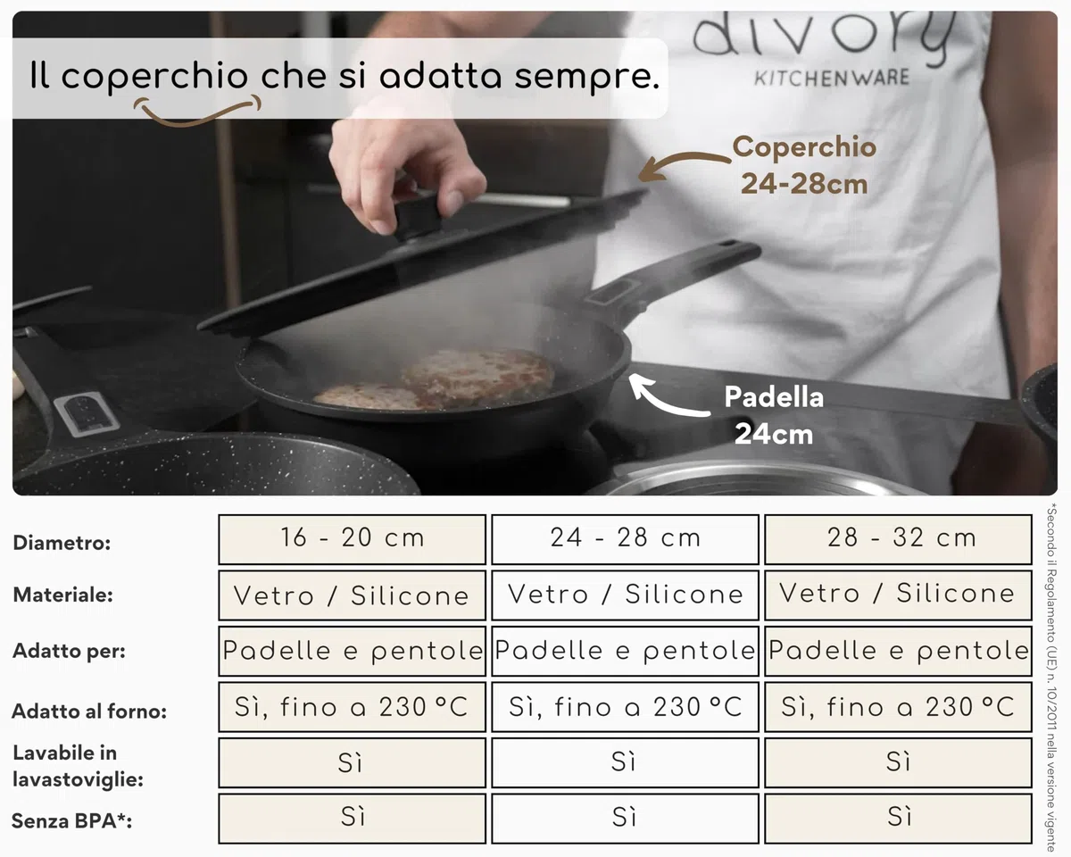 DIVORY Coperchi universali Ø28, 30 e 32 coperchi in Vetro con Bordo in Silicone a gradini per pentole e padelle, valvola di Rilascio del Vapore