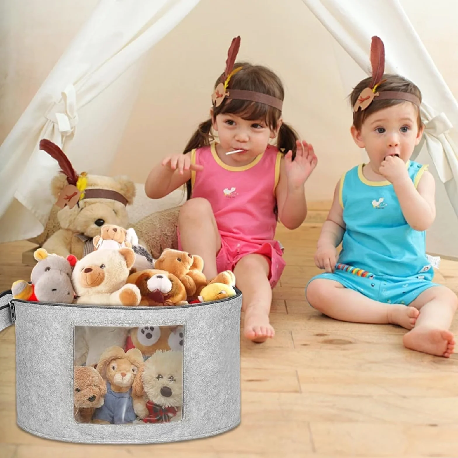 Rierousy Scatola pieghevole per cappelli rotonda in tessuto 42 x 25 cm Grigio chiaro