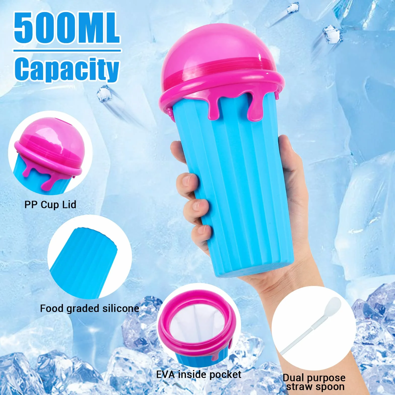 Glovios 500ML Slushy Maker Mug z Silikonu, Szybko Mrożący Kubek na Slush, DIY Koktajle Mleczne Lody