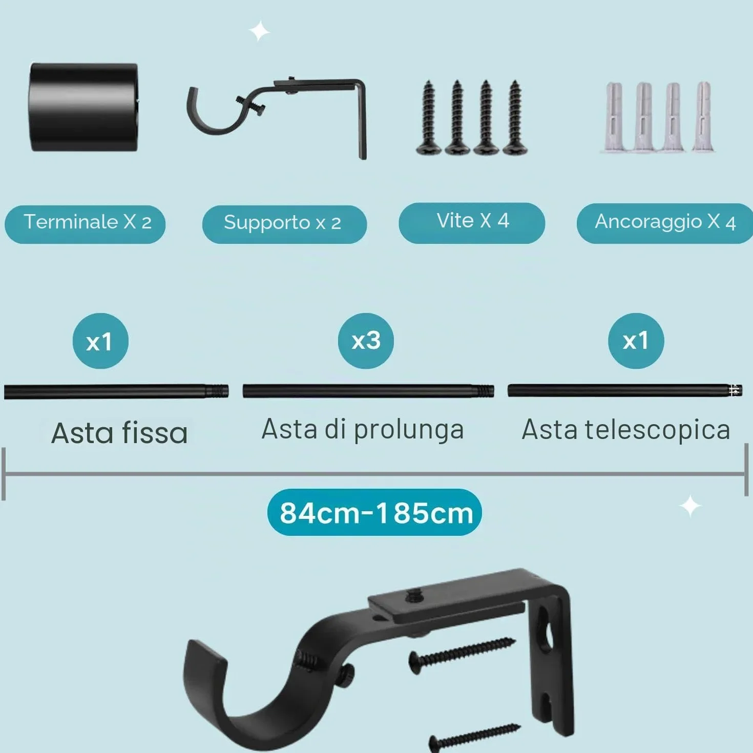 Bastone per Tenda 84-185CM Bianco Φ25mm con Supporto Soggiorno Camera