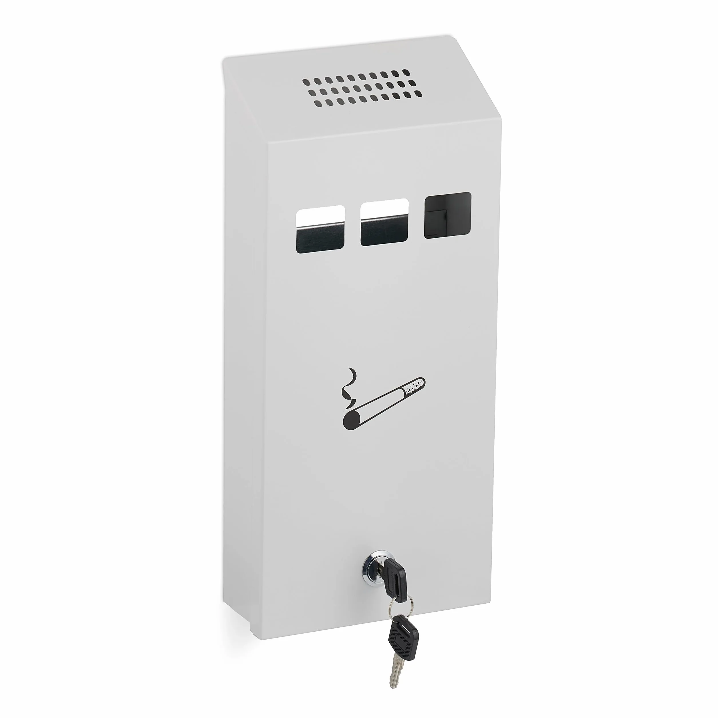 Relaxdays Posacenere da Muro per Esterno con Chiave, Contenitore Rimovibile, 32,5 cm, Bianco