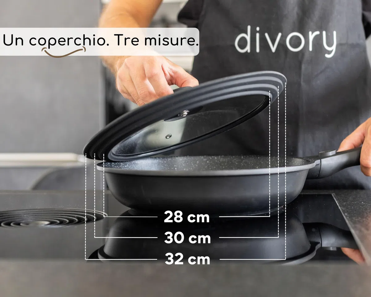 DIVORY Coperchi universali Ø28, 30 e 32 coperchi in Vetro con Bordo in Silicone a gradini per pentole e padelle, valvola di Rilascio del Vapore