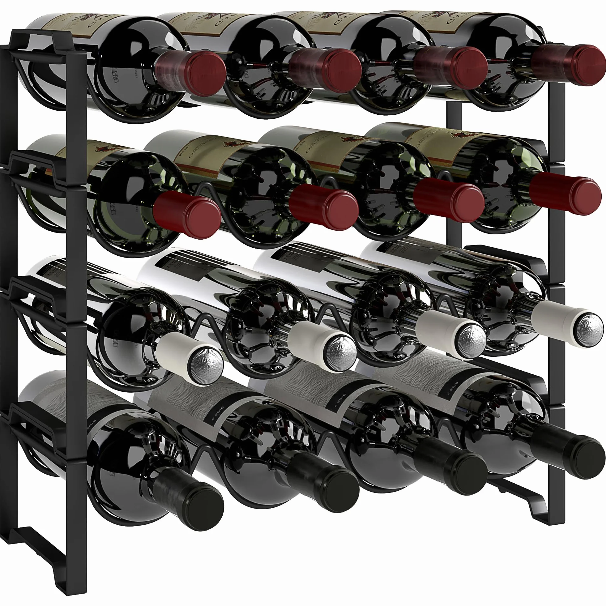 HOMCOM Portabottiglie Vino 4 Livelli Impilabili 16 Bottiglie Metallo 42.5x16.5x41 cm Nero
