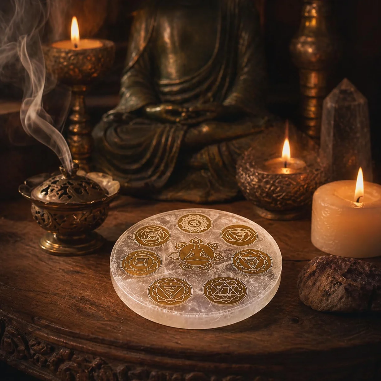 NKlaus Piastra Chakra in Selenite Ø 15 cm Incisa con i 7 Simboli Chakra e Figura Meditativa