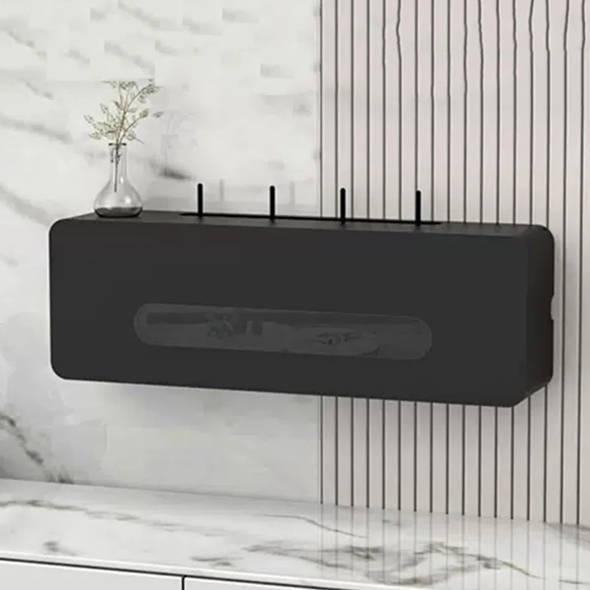 Mensola da parete in legno per router WiFi e scatola di gestione dei cavi, design elegante nero per spazi nizzati, 60 x 20 x 13 cm / 24x8x5in, ideale per router e nascondicavi