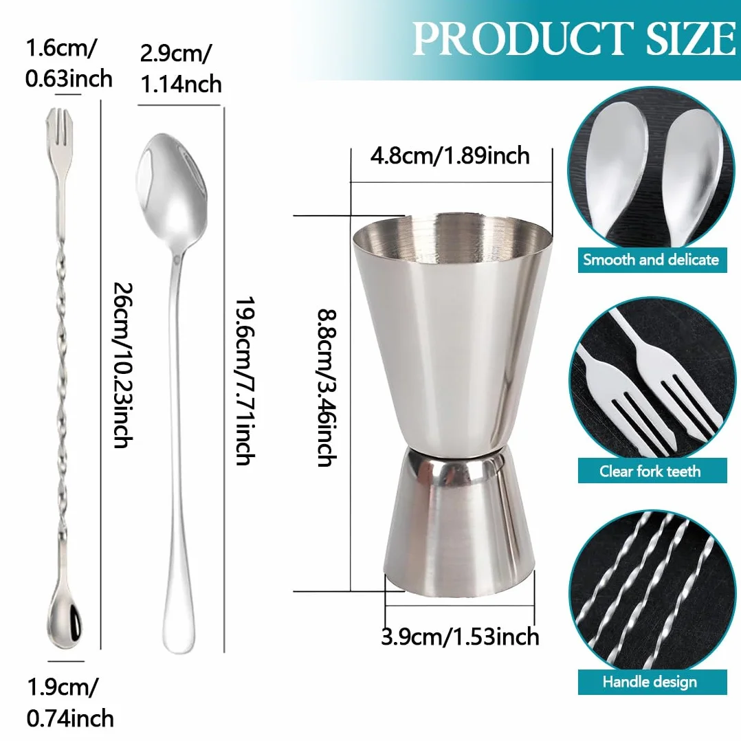 Misurino Doppio per Cocktail,Misurino Doppio per Cocktail 30ml /60ml Stile Giapponese 2 Cucchiaini Bar In Acciaio Inox Attrezzatura Per Bar,Discoteche,Party, Feste, Cocktail, Shaker (Argento)