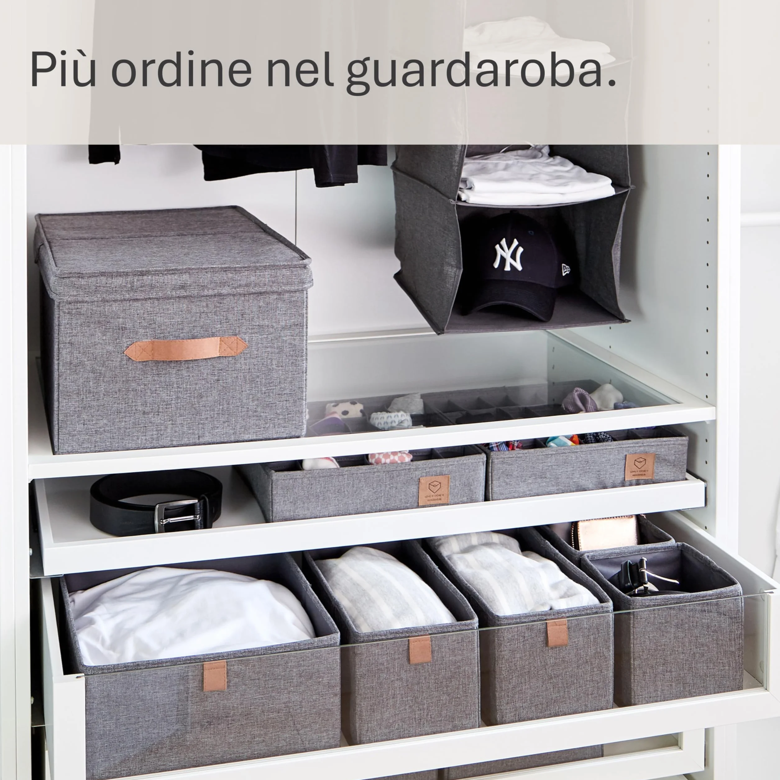 LOVE IT STORE IT Premium Scatola Portaoggetti con Coperchio - Scatole Tessuto di Lino - Rinforzata con Legno - Contenitore Grande Grigio 33x50x24 cm