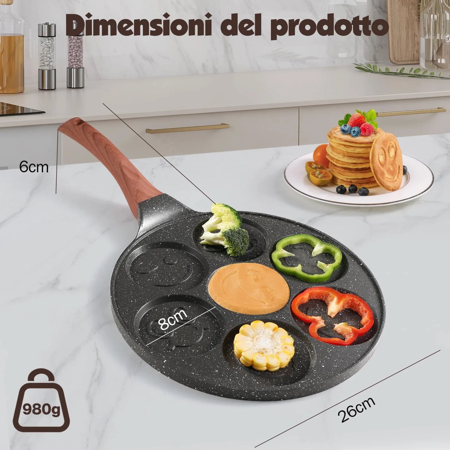 YASHE Pancake Padella per bambini con Smiley, 7 fori, in alluminio pressofuso, perfetta per la colazione dei bambini, brunch, feste e festività