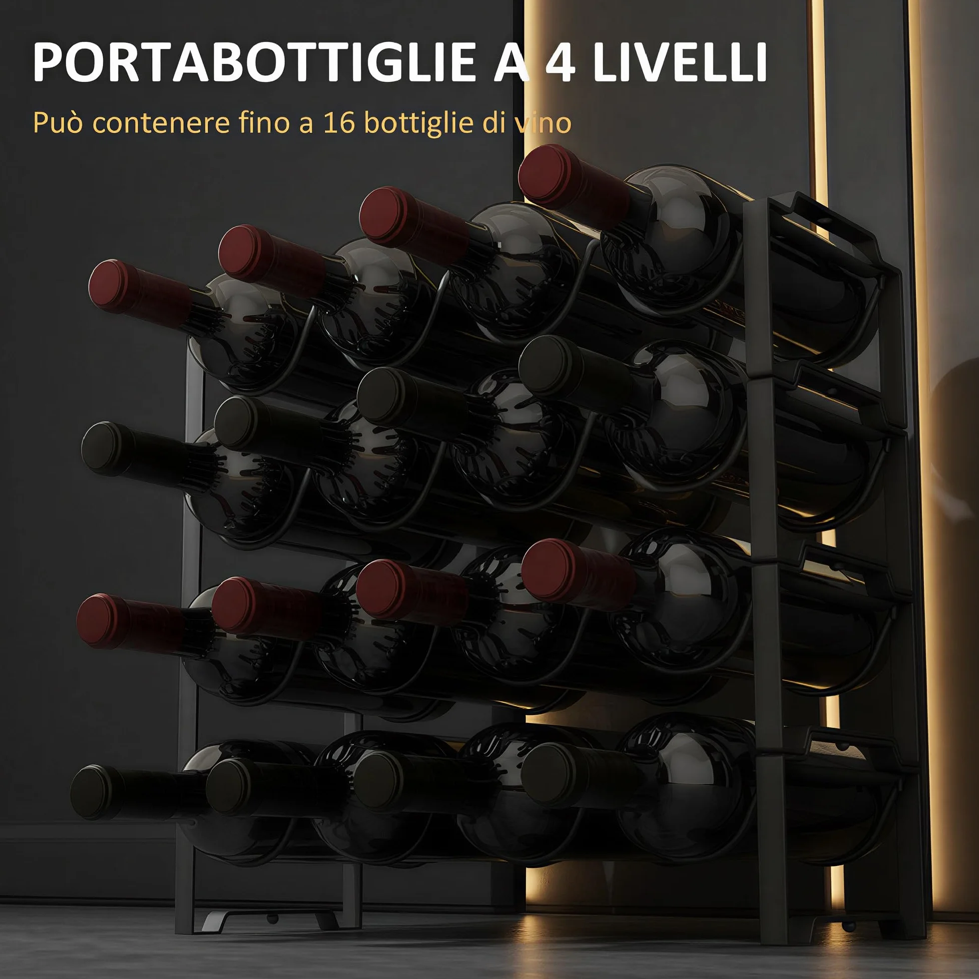 HOMCOM Portabottiglie Vino 4 Livelli Impilabili 16 Bottiglie Metallo 42.5x16.5x41 cm Nero