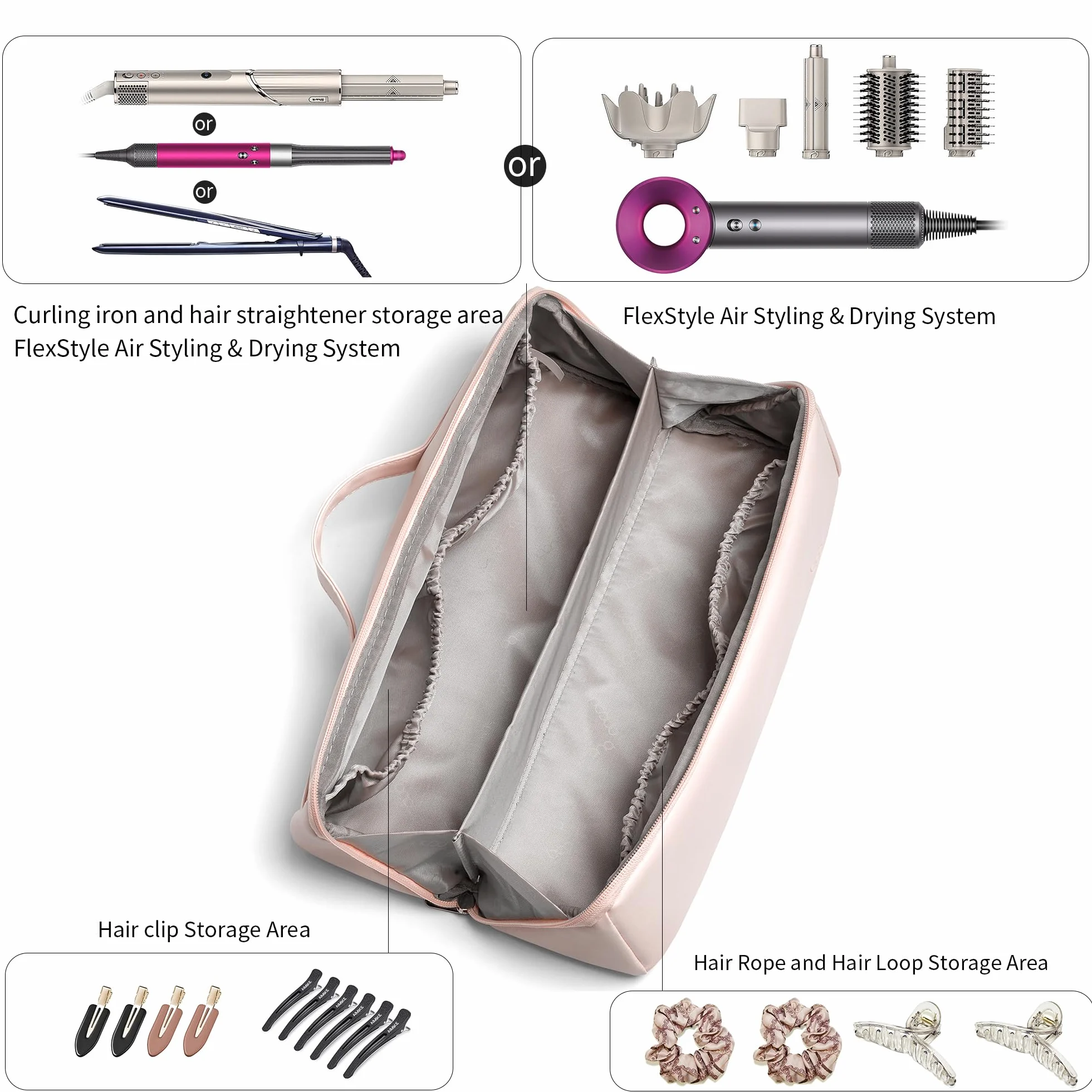 Veki Borsa da Viaggio Portatile in Pelle PU Compatibile con Dyson Airwrap Styler e Shark, Borsa Impermeabile per Asciugacapelli, Custodia da Viaggio per Dyson Supersonic Capelli e Accessori (Rosa)