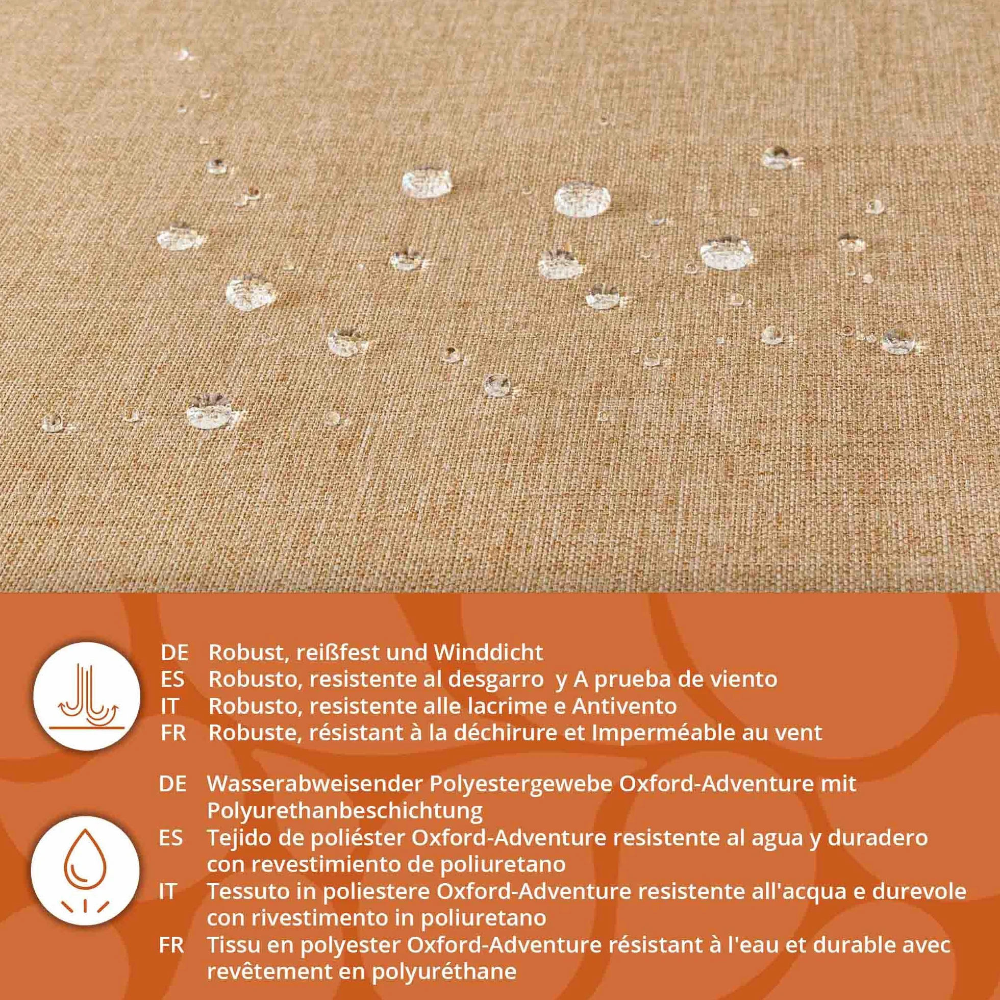 DreamRoots Tessuto Impermeabile al metro 160 cm, 220 g/m² 600D, Stoffa a Metro per Cuscini Esterni Desert sand 2M