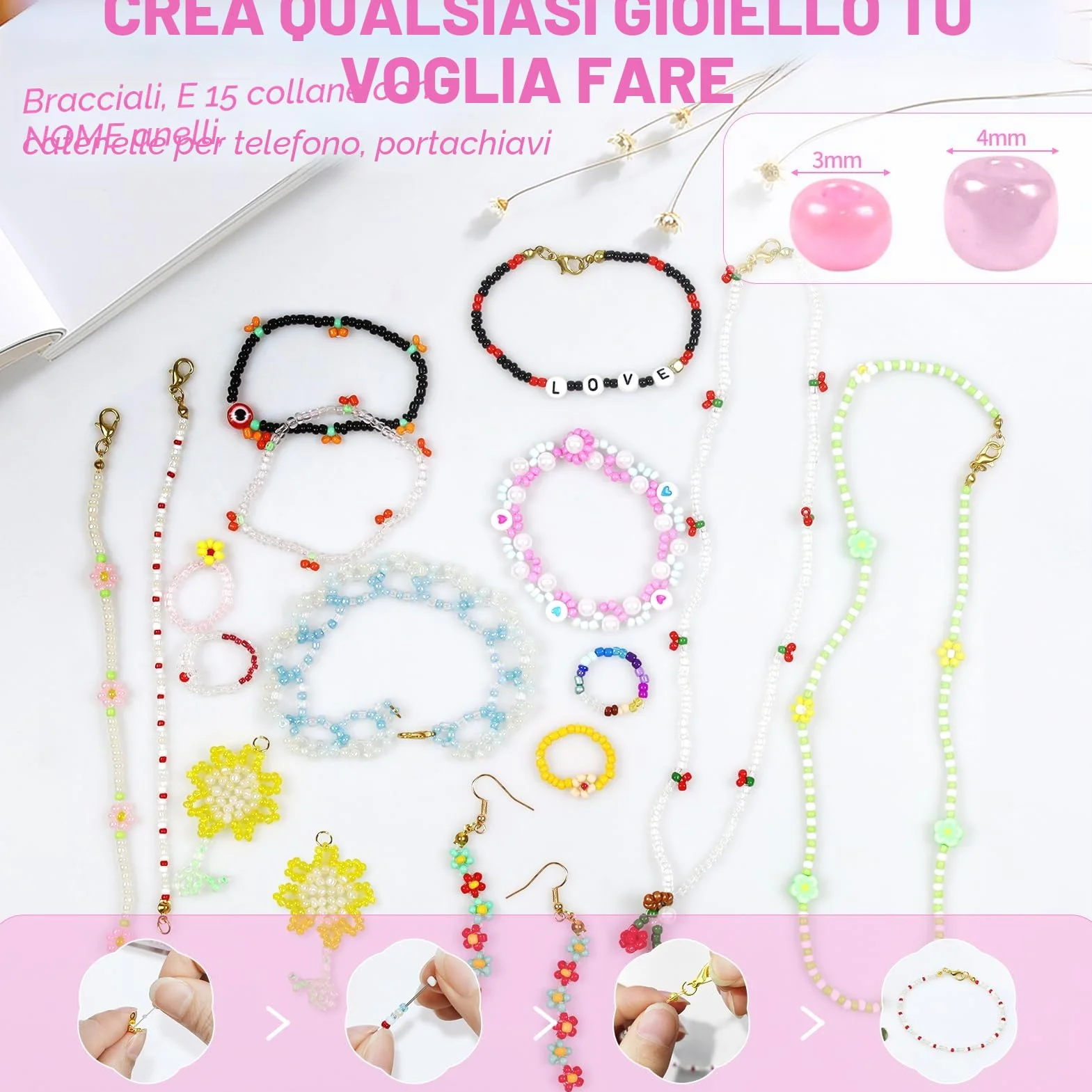 12000pcs 4mm Perline per Braccialetti, 96 Farben Kit Braccialetti con Lettere Perline, occhi malvagi，perline per bigiotteria fai da te, usato per DIY braccialetti, collane, cavigliere, ecc
