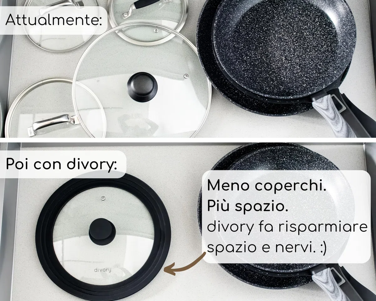 DIVORY Coperchi universali Ø28, 30 e 32 coperchi in Vetro con Bordo in Silicone a gradini per pentole e padelle, valvola di Rilascio del Vapore