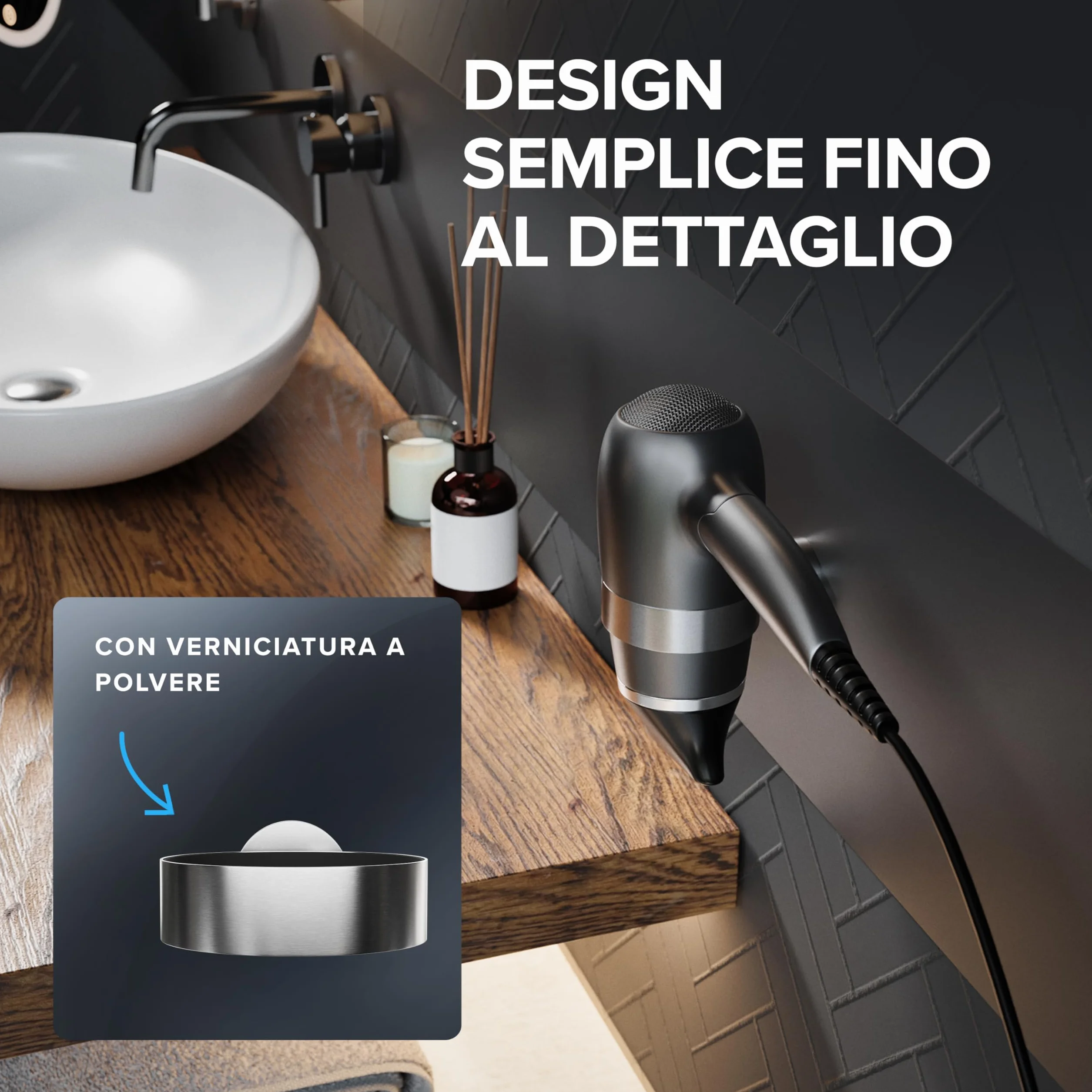 ovimar Porta asciugacapelli Ronne | Acciaio Inox | Argento | con Fissaggio a Parete per Foratura | con Imbottitura per asciugacapelli | per Foratura | Porta asciugacapelli in Bagno