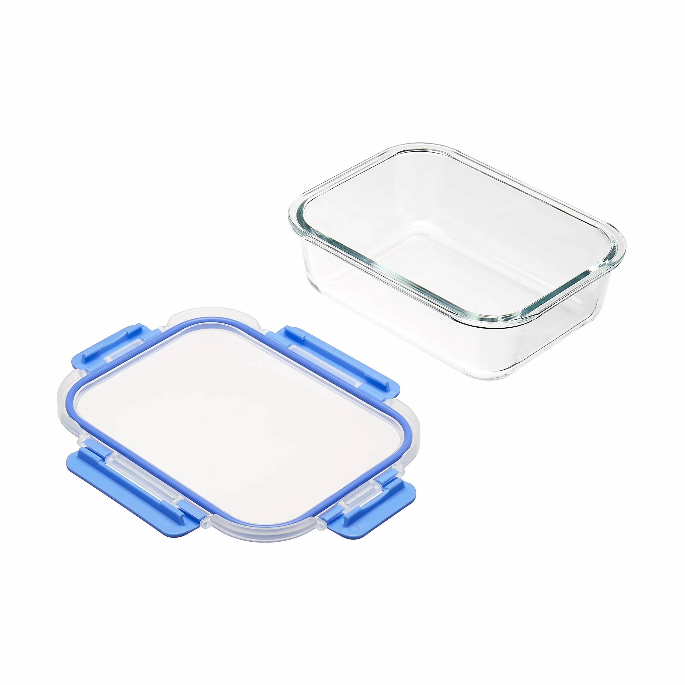 Amazon Basics Contenitori in Vetro per Alimenti con Coperchi Bloccabili, 14 Unità, Senza Bisfenolo A, Trasparenti con Anelli in Silicone Blu