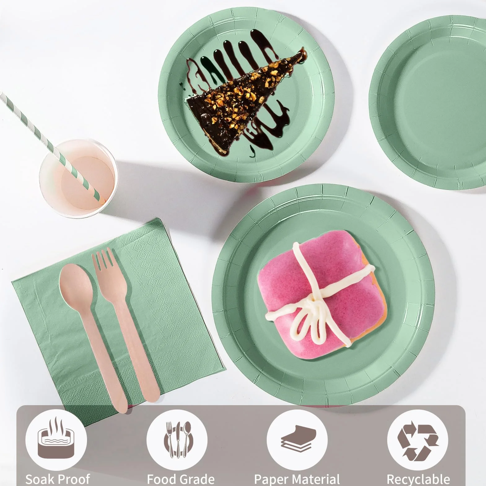 Stoviglie per Feste 169 Pezzi Verde Salvia Set Include Piatti Tazze Tovaglioli - 24 Ospiti