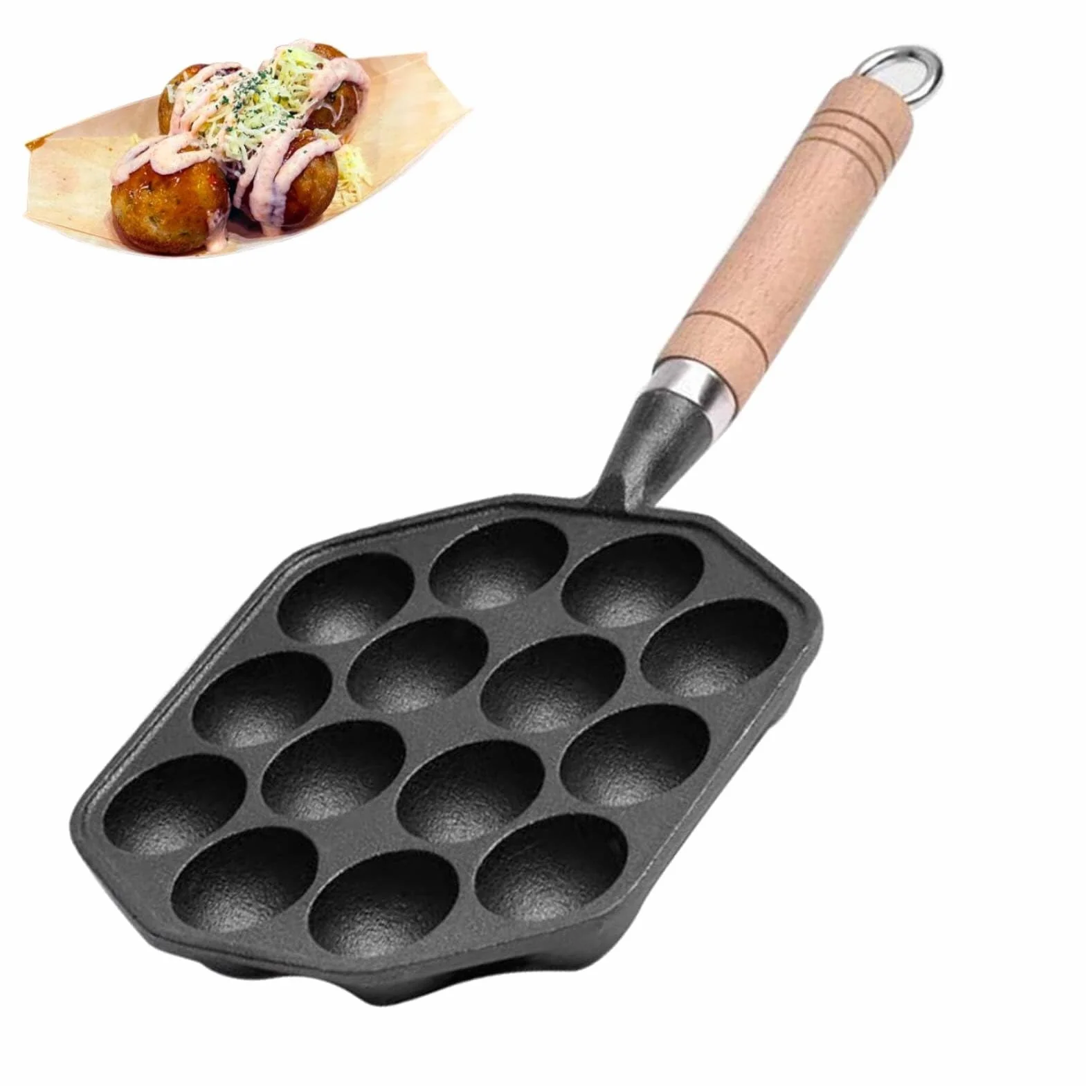 Takoyaki Maker 14 Fori Grill Pan Aebleskiver Padella Antiaderente Manico Legno