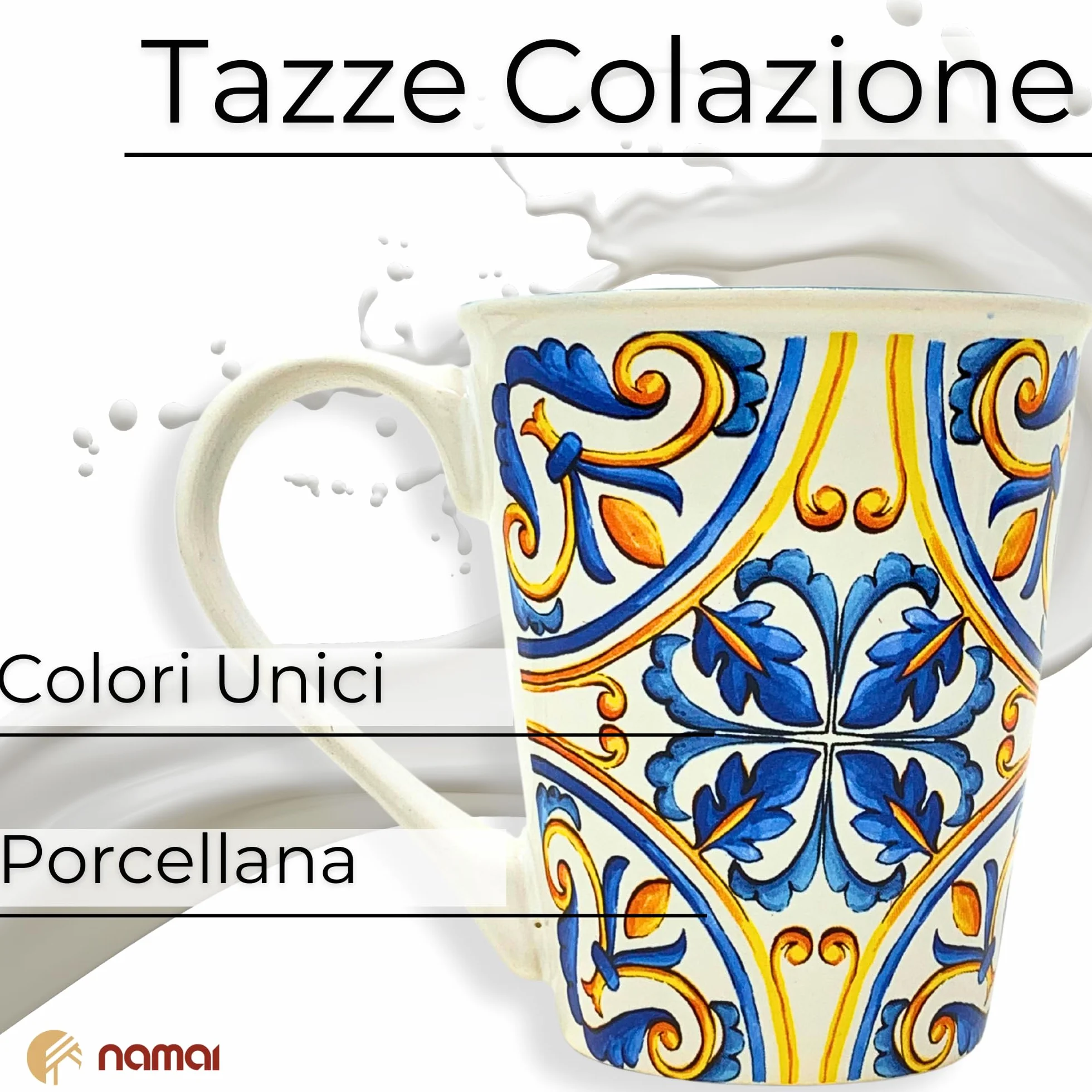 NAMAI Set 4 Tazze Colazione 300 ml Porcellana Lavastoviglie Microonde Design Unico Idea Regalo