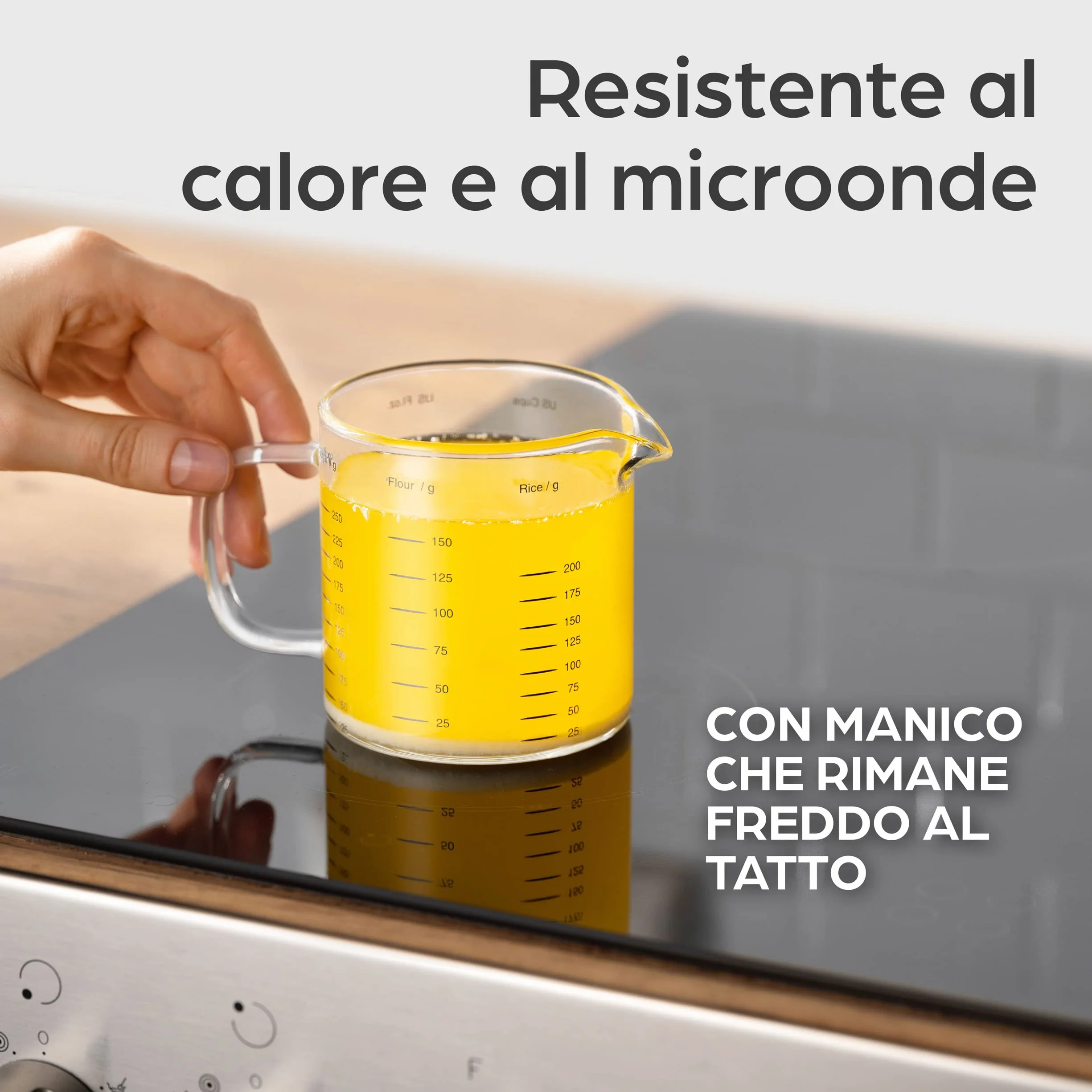 Praknu Brocca Graduata in Vetro - 50ml, 125ml, 250ml - Scala Precisa - Impilabile - Resistente al Calore e al Microonde.