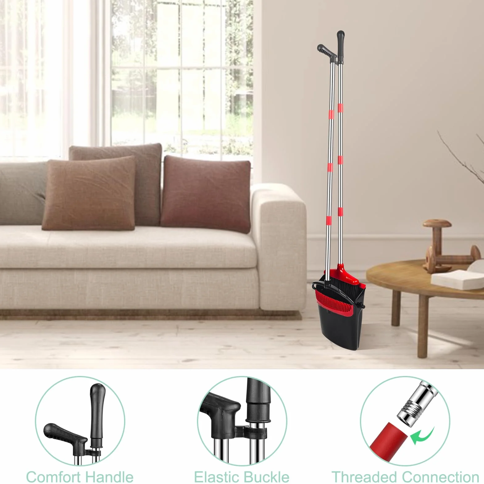 Set di scope e paletta, con pettine, spazzatrice verticale e paletta combo, set classico, paletta pieghevole, per tenda, casa, ufficio, lobby, terrazza