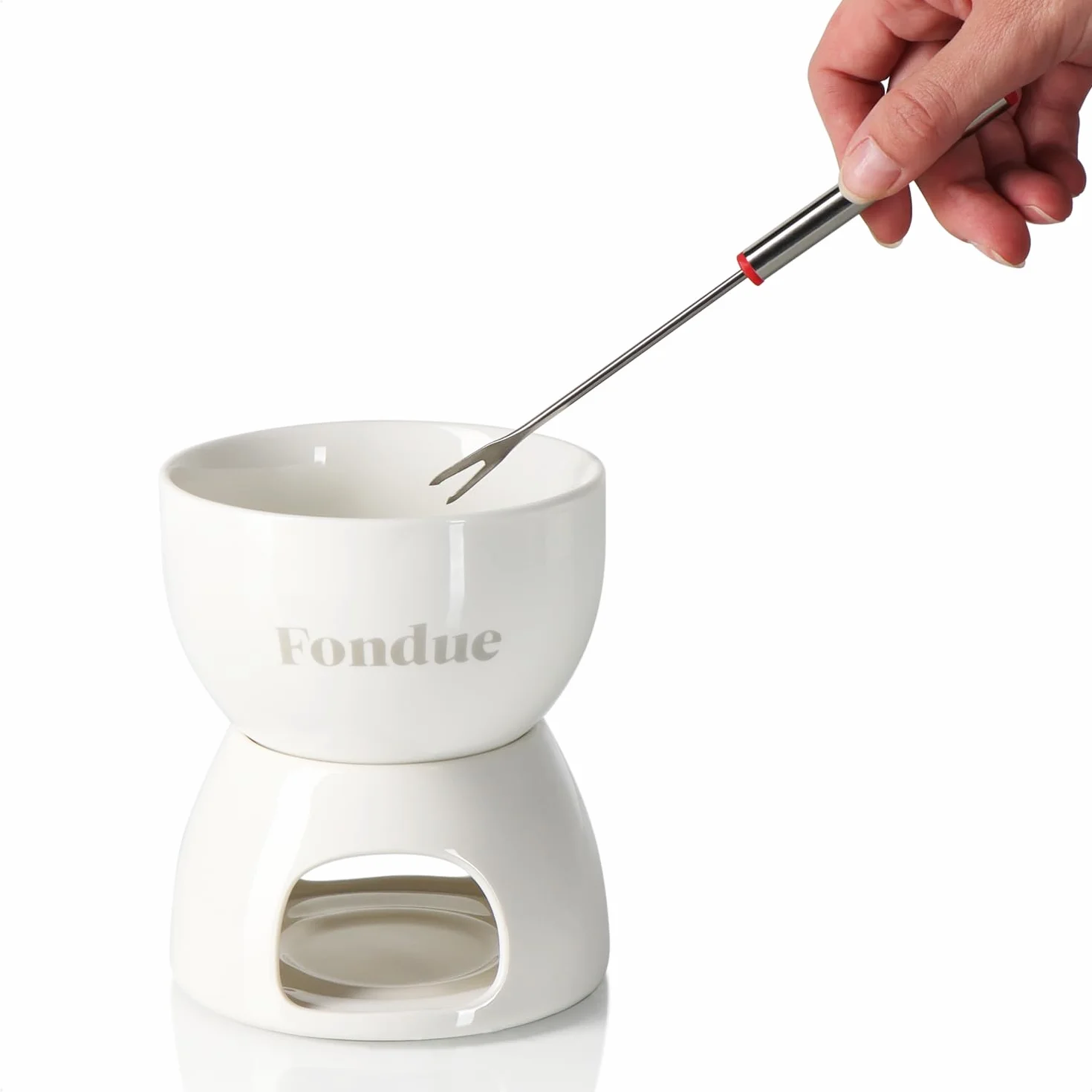 COM-FOUR® Set per fonduta di cioccolato - ciotola in ceramica con portacandela e 4 forchette - crogiolo per cioccolato e formaggio - bianco