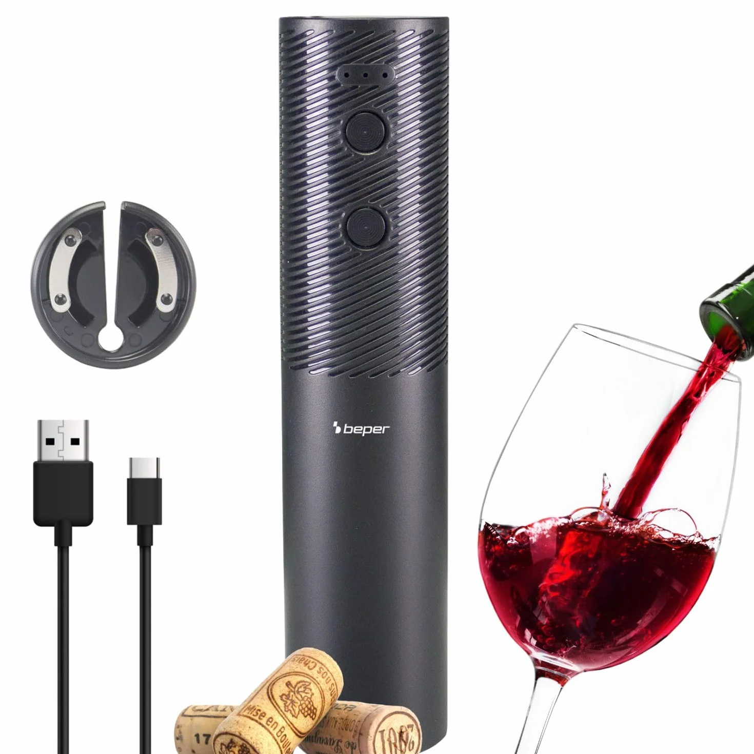 BEPER P102ACP103 Cavatappi Elettrico Ricaricabile USB, Apribottiglie Vino, Taglia Capsule