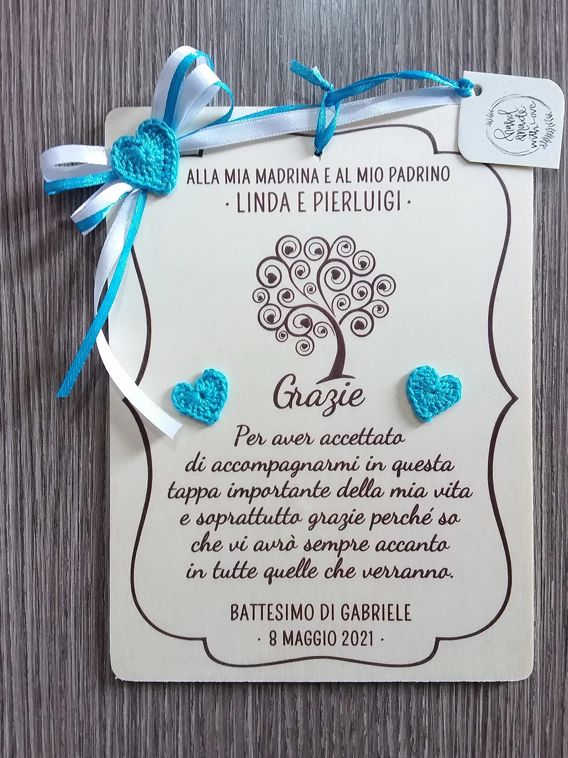Targa targhetta ricordo per madrina padrino battesimo cresima idea regalo personalizzata nome e data con scatola regalo