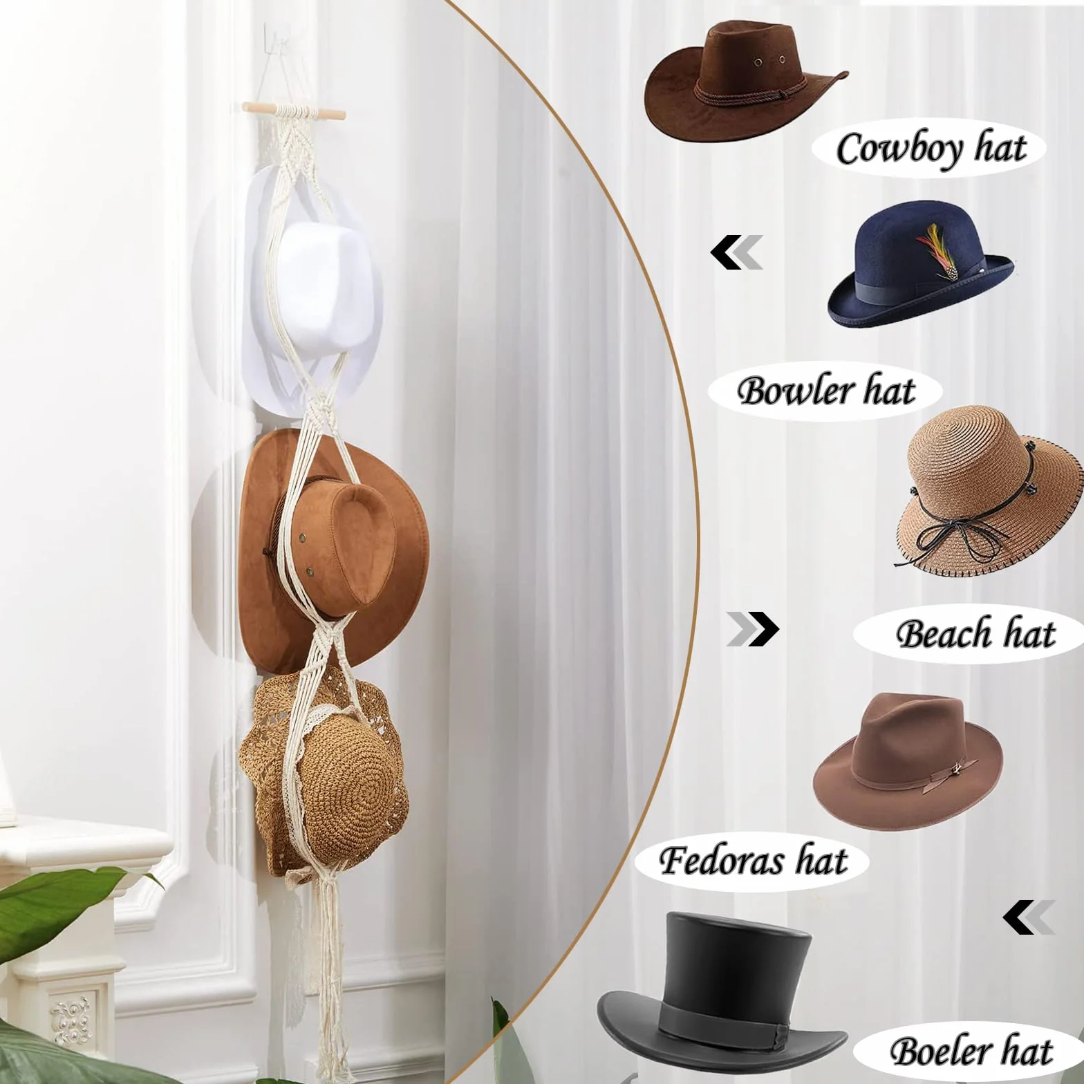 Ganci per Cappelli in Macramè Tessuto a Mano, Supporto da Parete per Cappello Cowboy Fedora, Organizer Appendiabiti