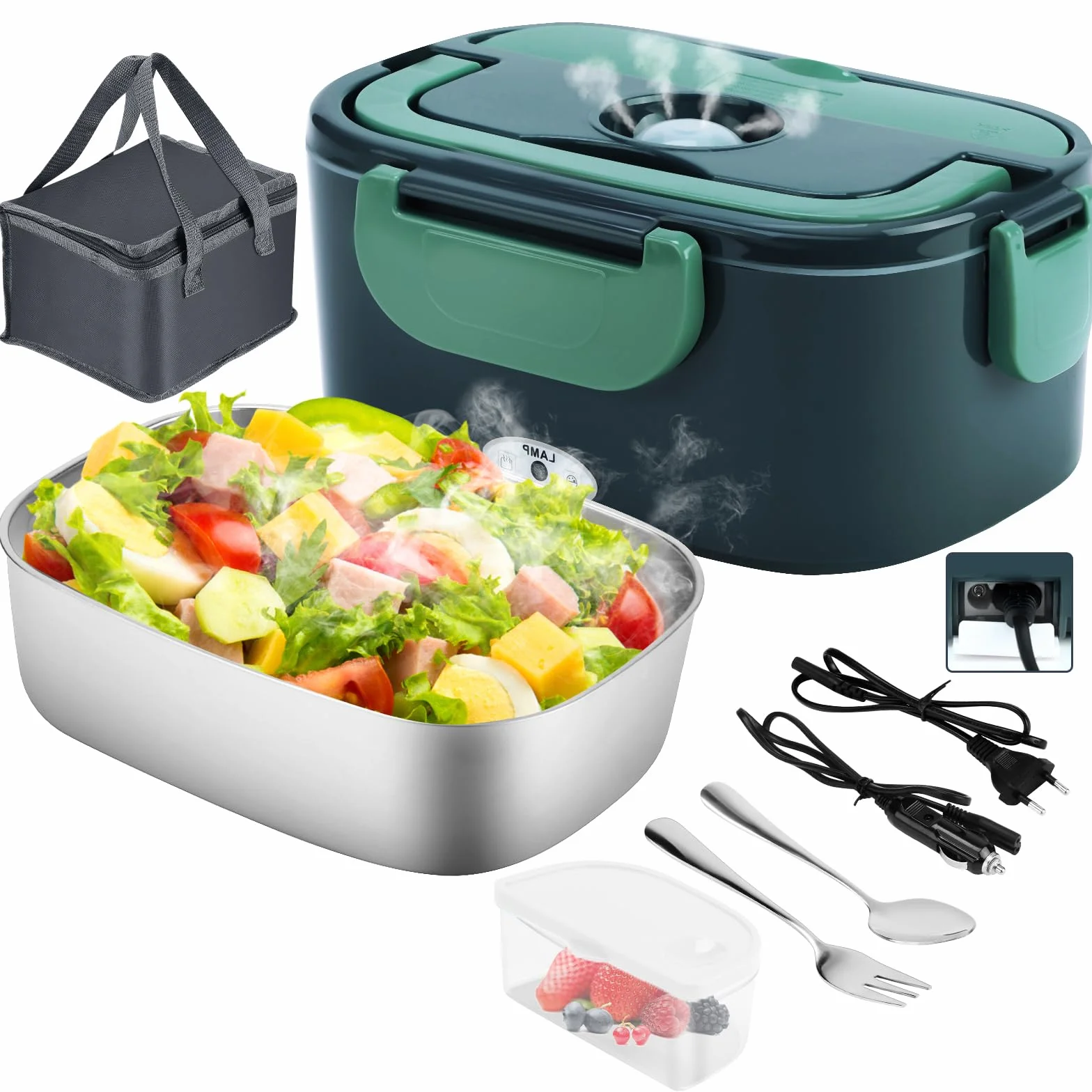 Lunch Box Elettrico Portatile 4 in 1 12V/24V/110V/220V 1.5L 60W Acciaio Inox Auto Camion Ufficio