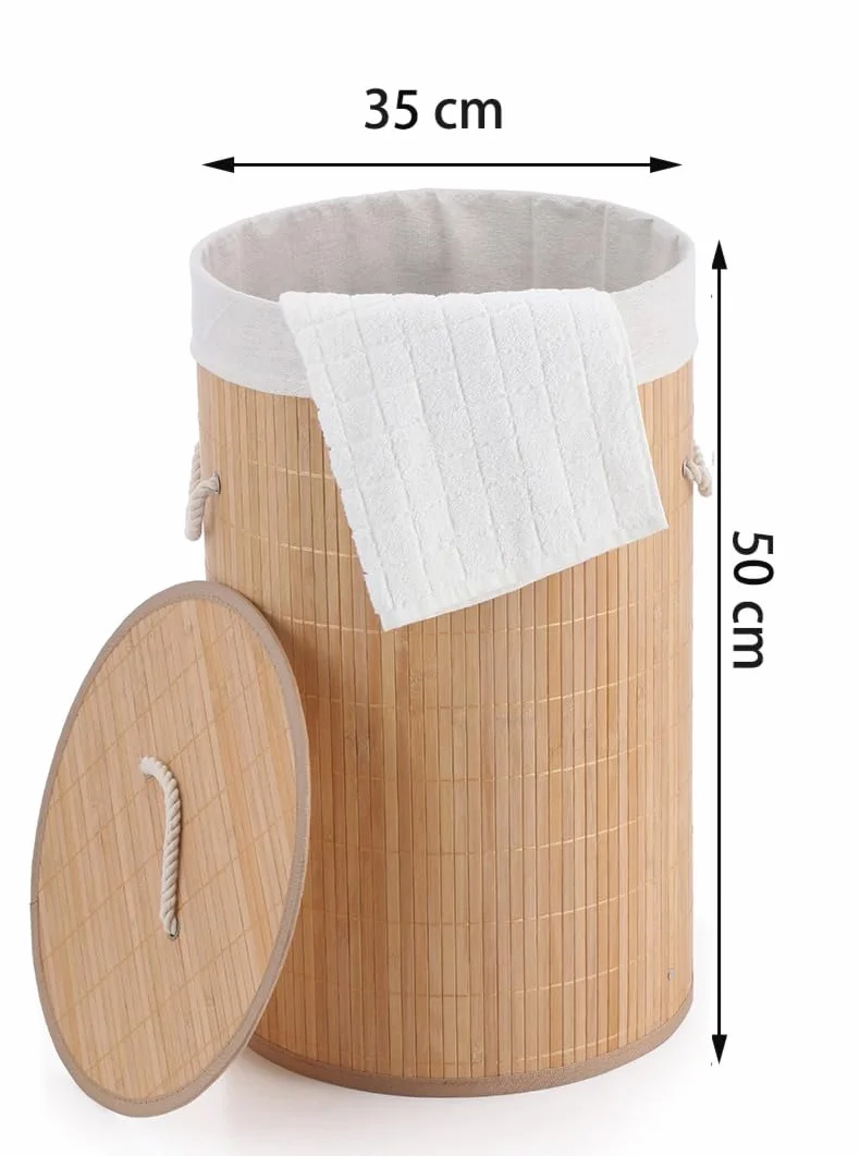 Cesto Portabiancheria in Bambù con Coperchio Ø35x50 cm Salvaspazio