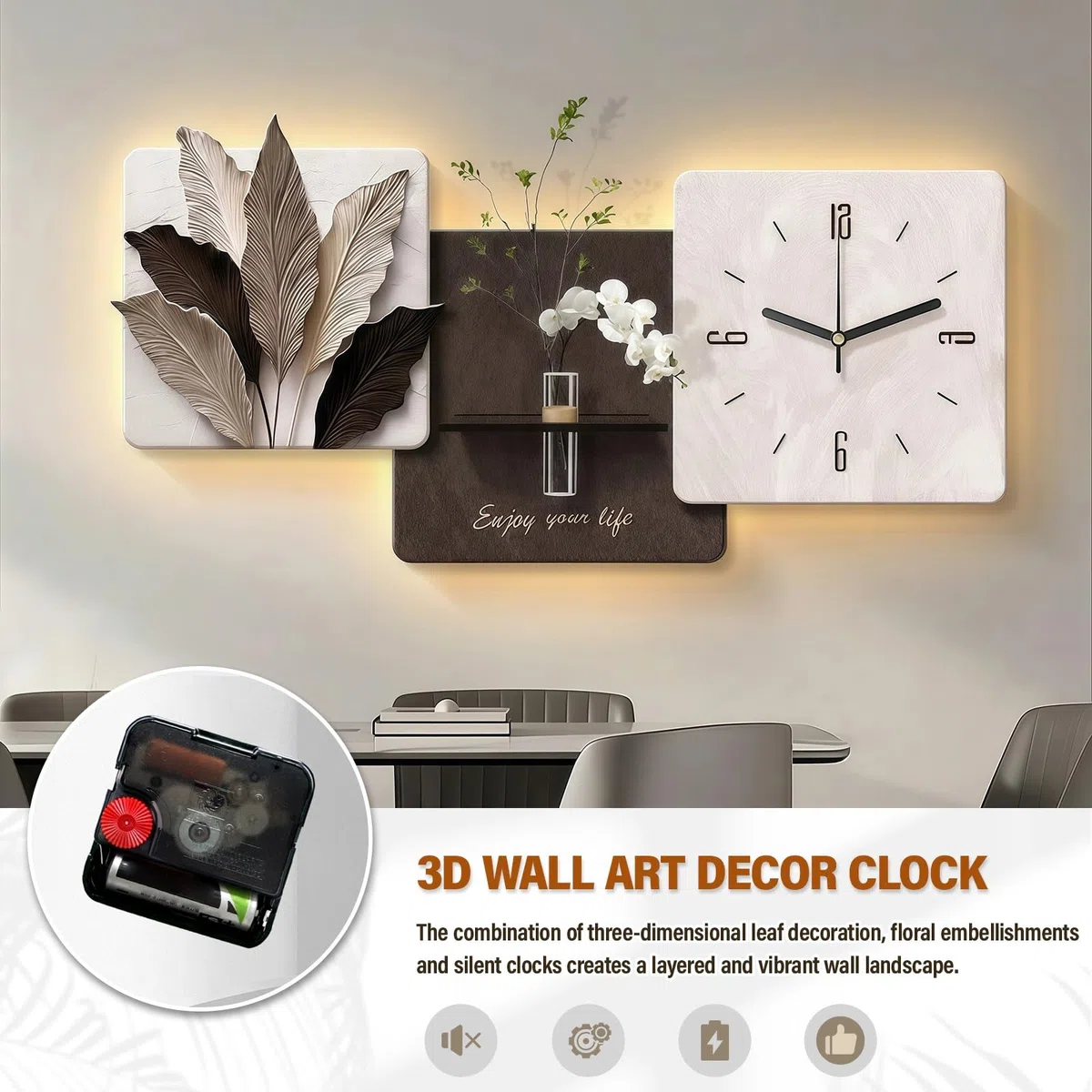 Orologio da Parete 3D con Luce LED, Decorazione Moderna per la casa, Orologio da Parete Decorativo Silenzioso al Quarzo con Design a Foglie e Fiori, Texture arenaria, per Soggiorno, Camera d