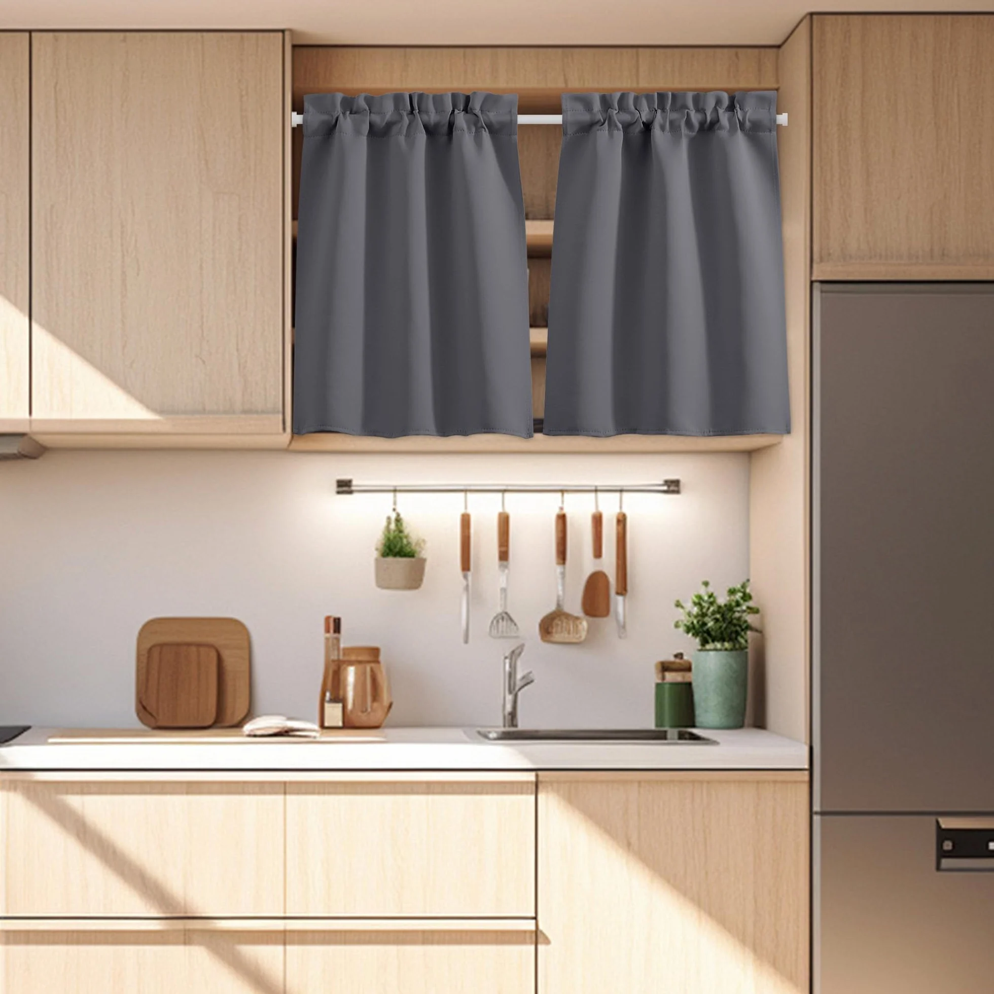 PONY DANCE Tende a Vetro per Finestra Tende Oscuranti per Cucina Corte Tendine Finestra a Vetro Blackout Curtains Termiche con Tasca 2 Pezzi 60x90 CM, Grigio