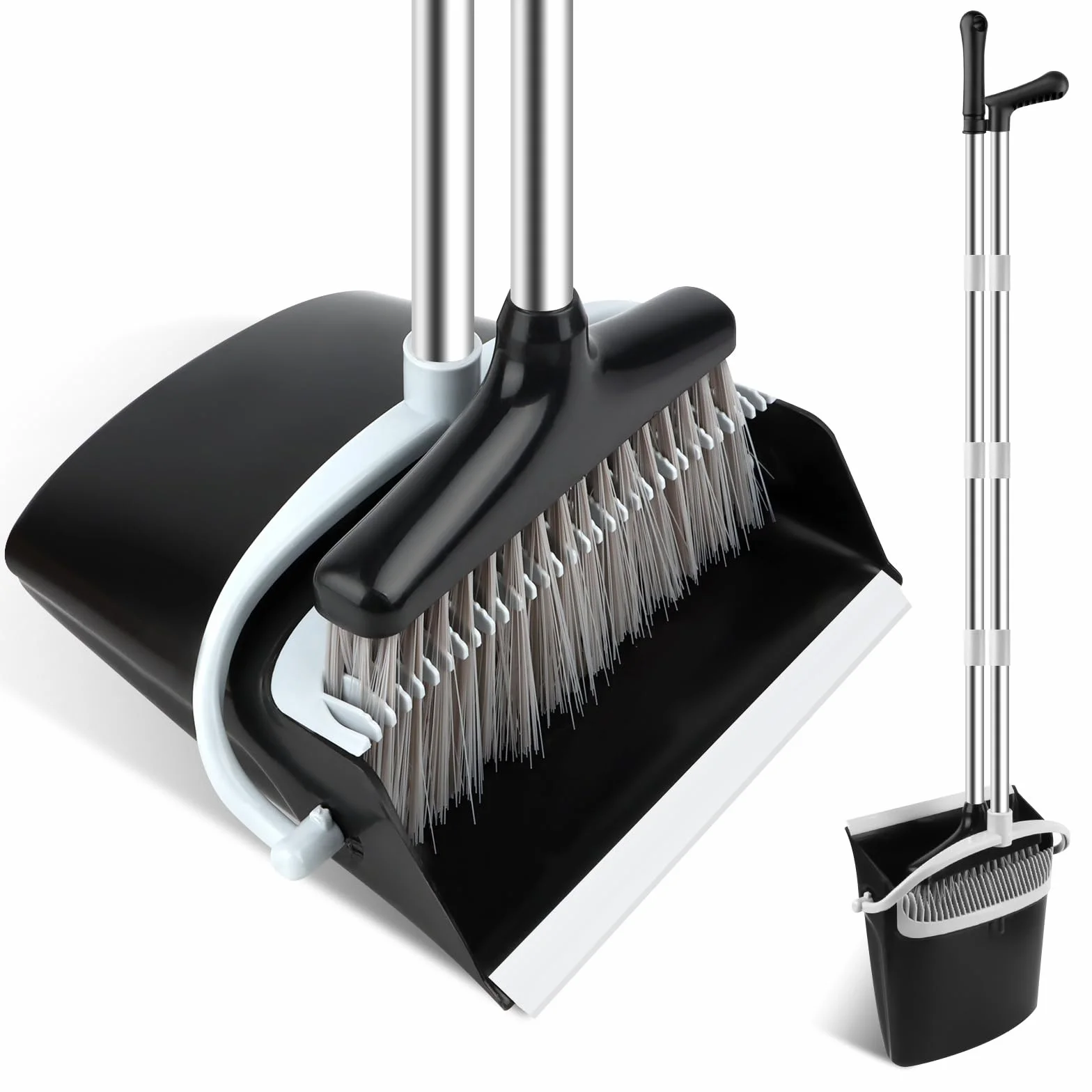 Set Scopa e Paletta Alta Verticale, Scopa e paletta Salvaspazio, Paletta Richiudibile con Denti a Pettine per Casa, Paletta con manico lungo per esterni, Kit Interni Pulizia Casa Giardino