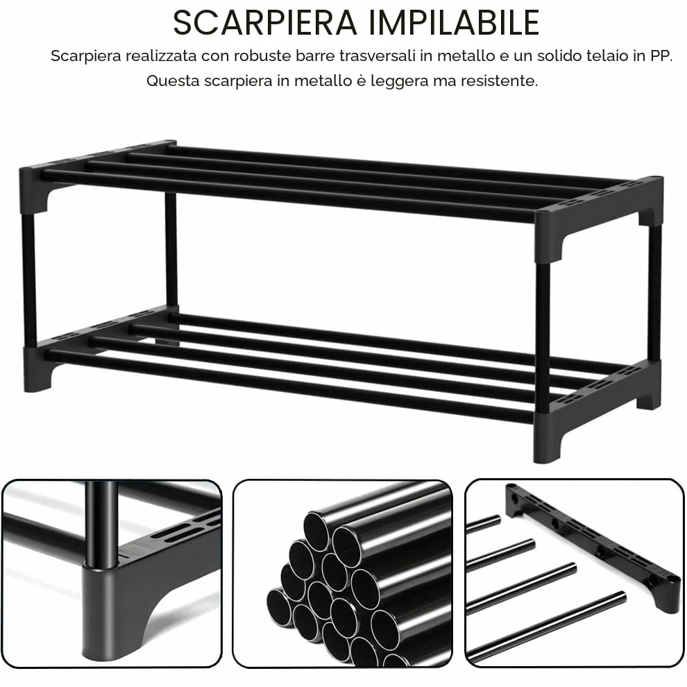 Scarpiera a 2 ripiani stretta impilabile con rivestimento antiruggine
