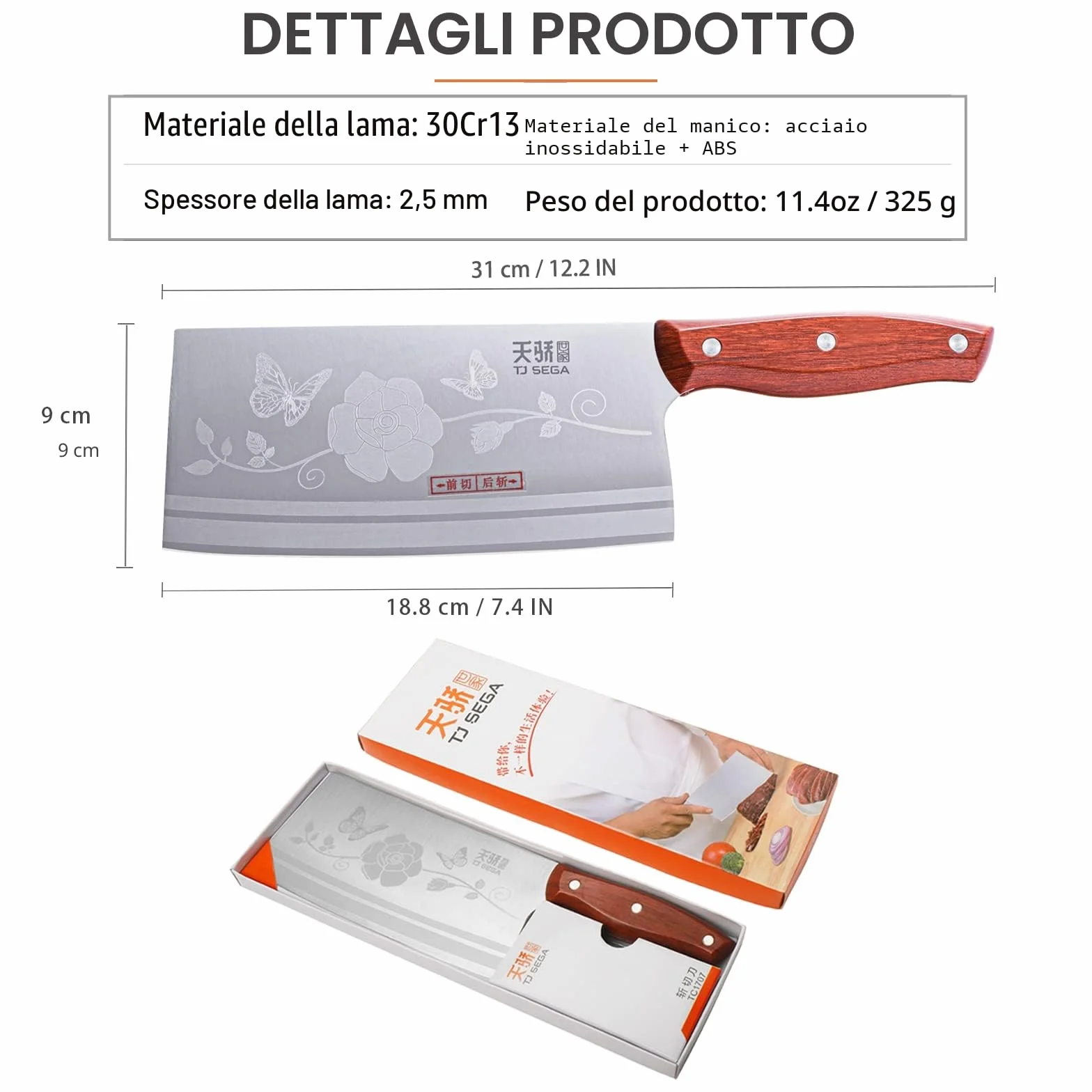 Coltello da Chef Cinese 18cm Acciaio 30Cr13 Full Tang TJ POP Mannaia Serie TC1707