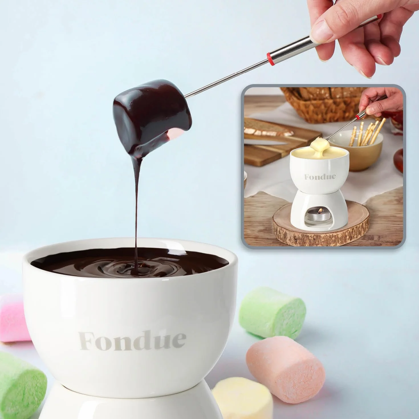 COM-FOUR® Set per fonduta di cioccolato - ciotola in ceramica con portacandela e 4 forchette - crogiolo per cioccolato e formaggio - bianco