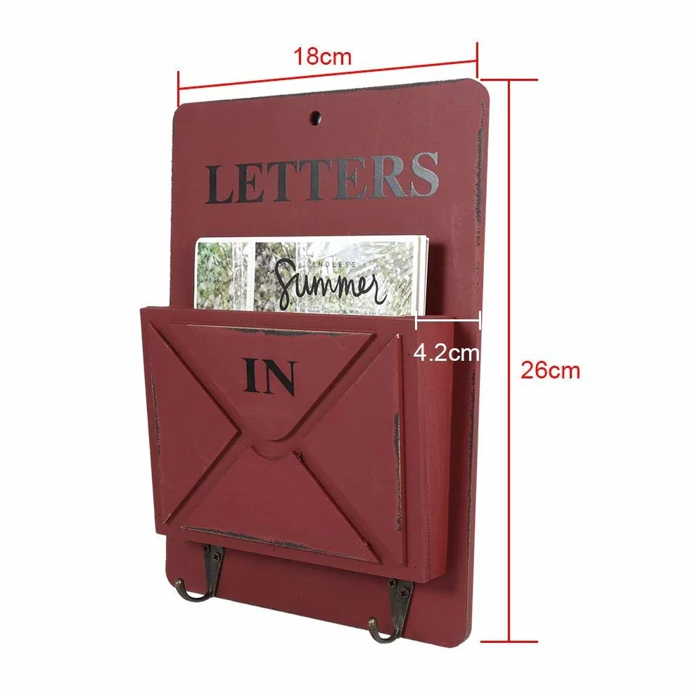 Decorazione Domestica Creativa di stoccaggio della Parete del Portachiavi dello scaffale di Lettere della Cassetta Postale di Legno con Il Gancio(Rosso)