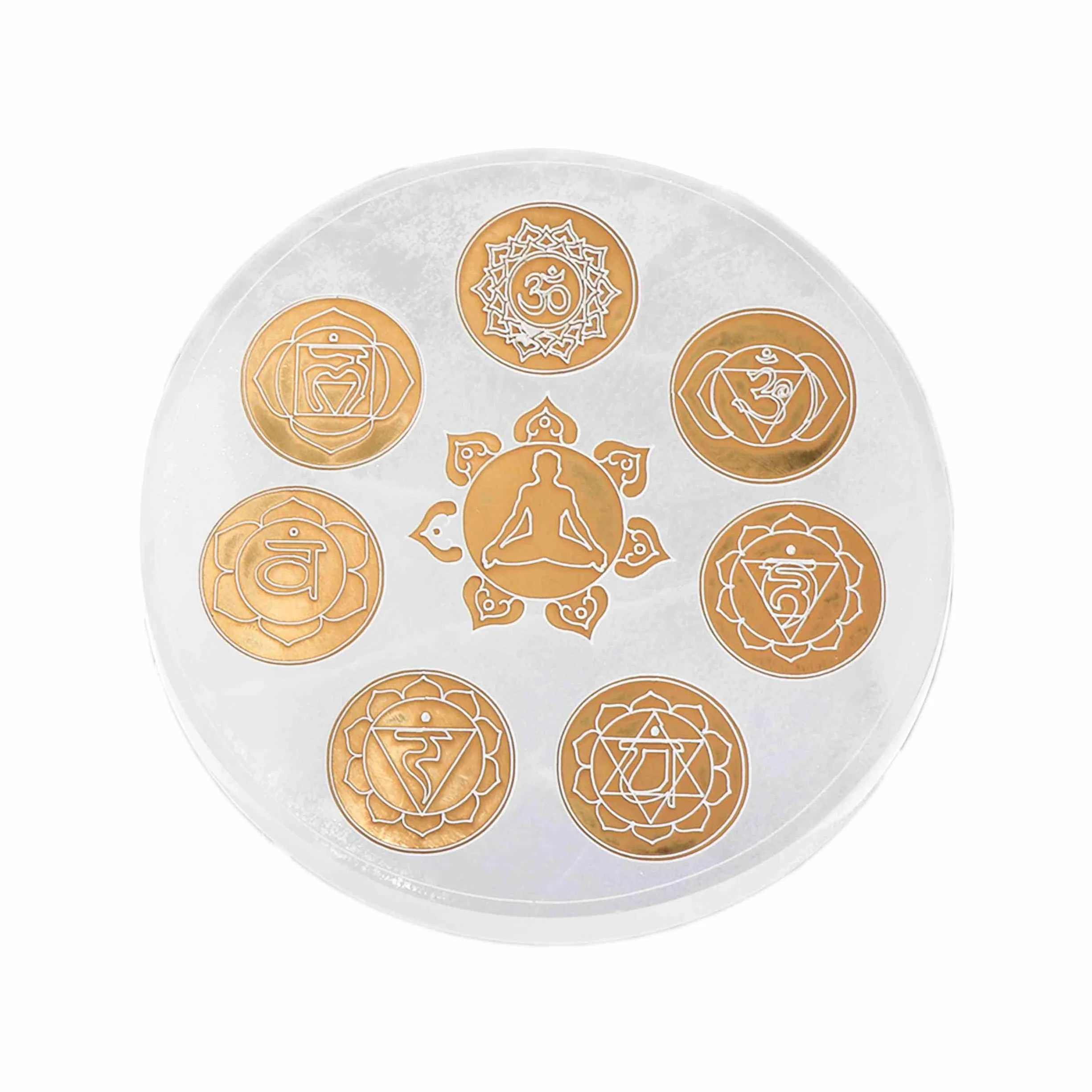 NKlaus Piastra Chakra in Selenite Ø 15 cm Incisa con i 7 Simboli Chakra e Figura Meditativa
