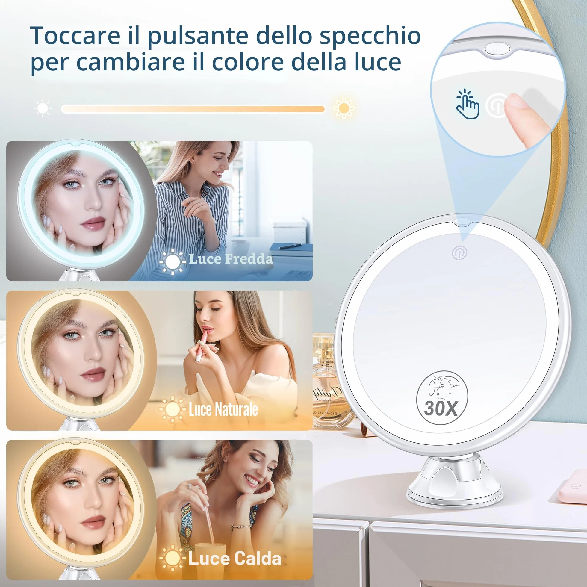 MIYADIVA Specchio Ingranditore con Luce 30X, Specchio Bagno con Ventosa, 3 Modalità di Colore e Luminosità Regolabile, specchio per bagno 20 cm