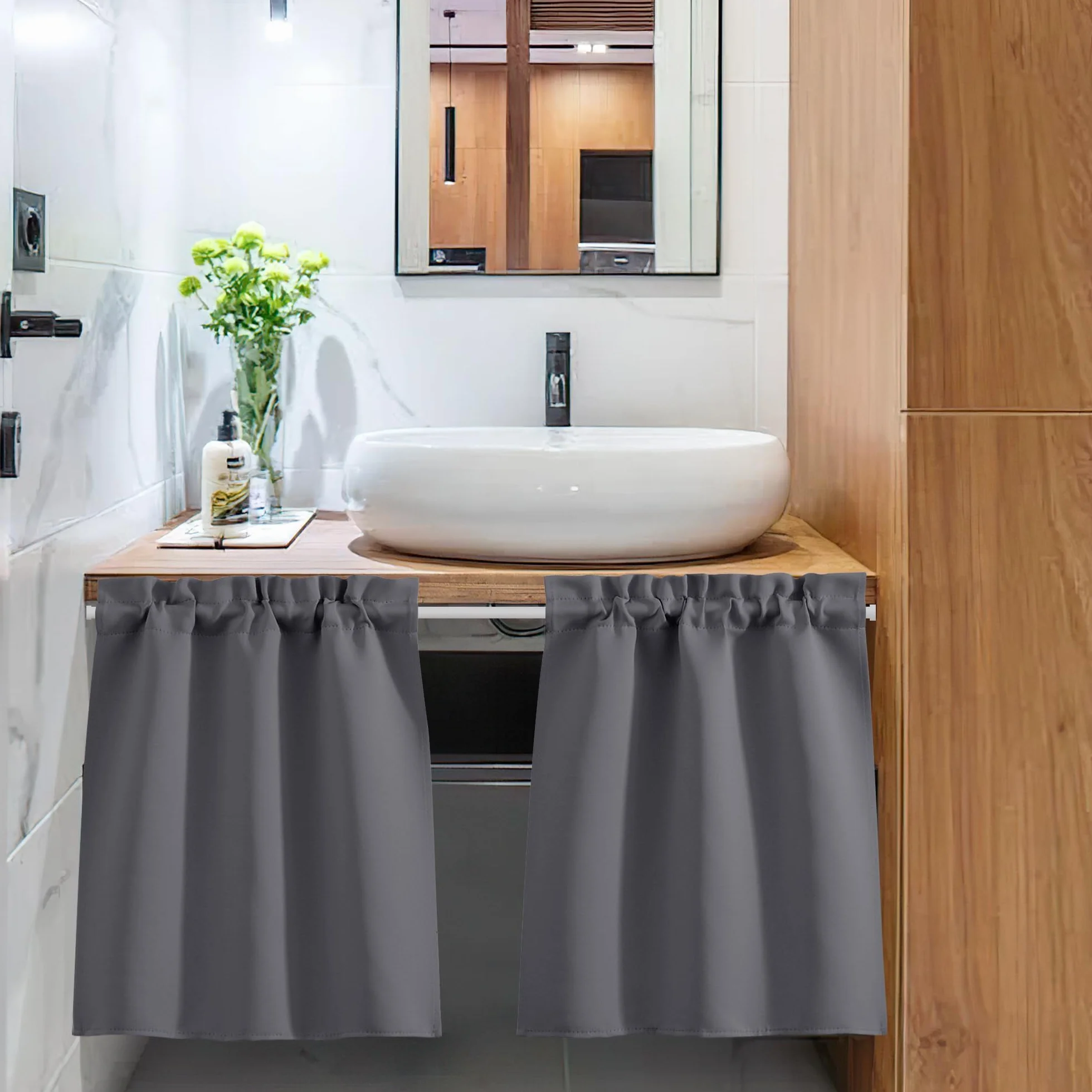 PONY DANCE Tende a Vetro per Finestra Tende Oscuranti per Cucina Corte Tendine Finestra a Vetro Blackout Curtains Termiche con Tasca 2 Pezzi 60x90 CM, Grigio