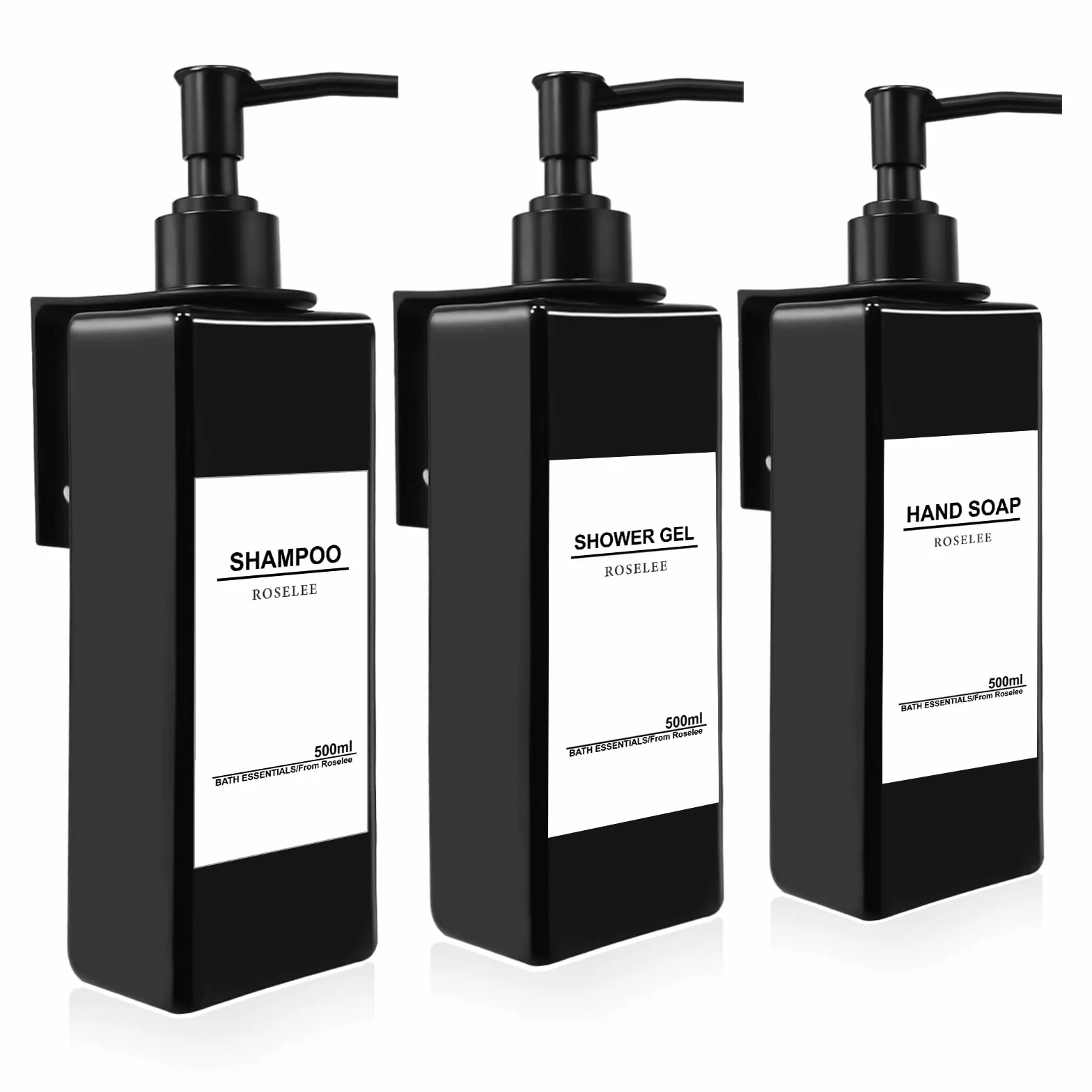 Roselee 3 Pezzi Dispenser Sapone Doccia da Muro, Dispenser Sapone Bagno Senza Foratura, 500ml Dispenser Doccia Shampoo e Bagnoschiuma con Etichetta per Bagno, Cucina