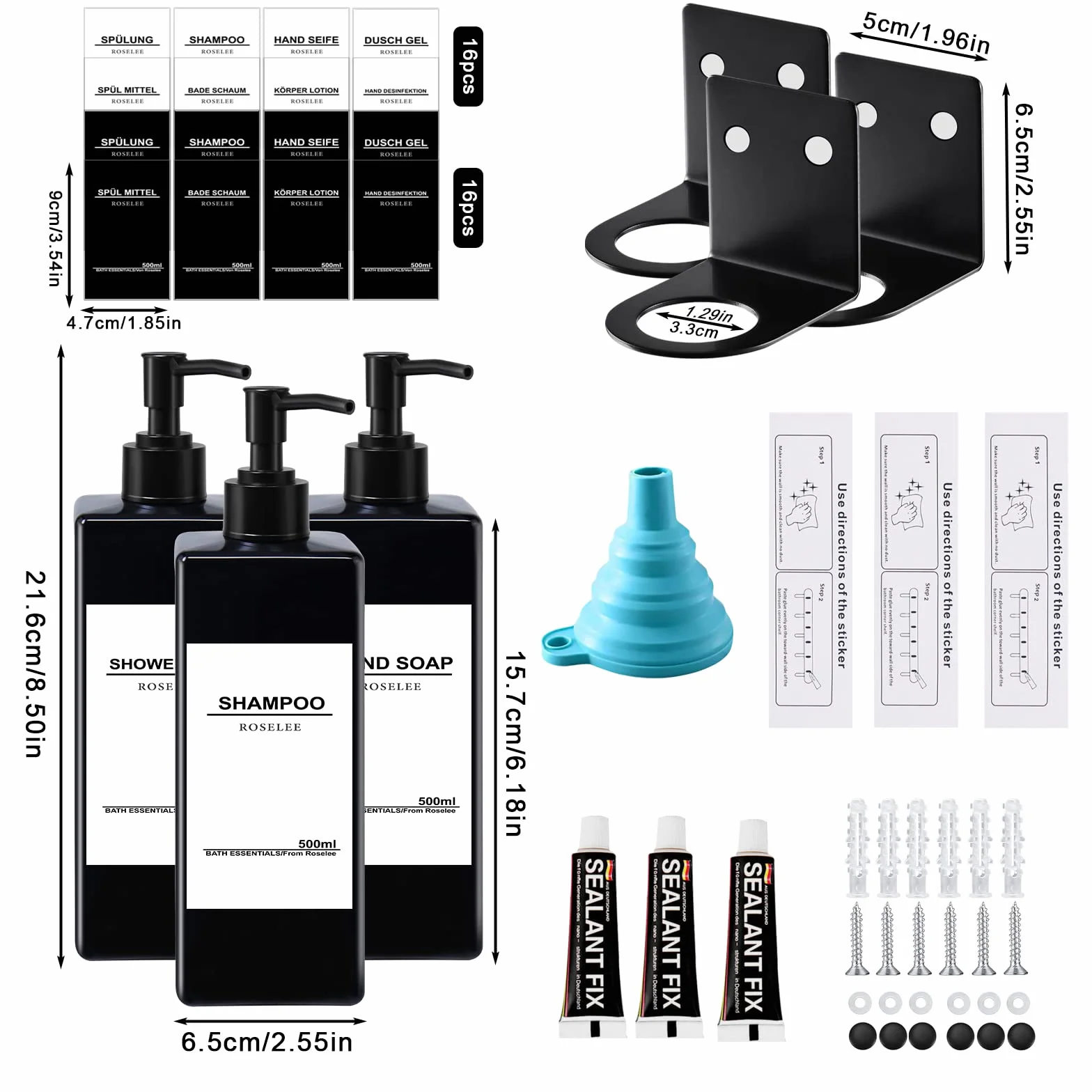 Roselee 3 Pezzi Dispenser Sapone Doccia da Muro, Dispenser Sapone Bagno Senza Foratura, 500ml Dispenser Doccia Shampoo e Bagnoschiuma con Etichetta per Bagno, Cucina