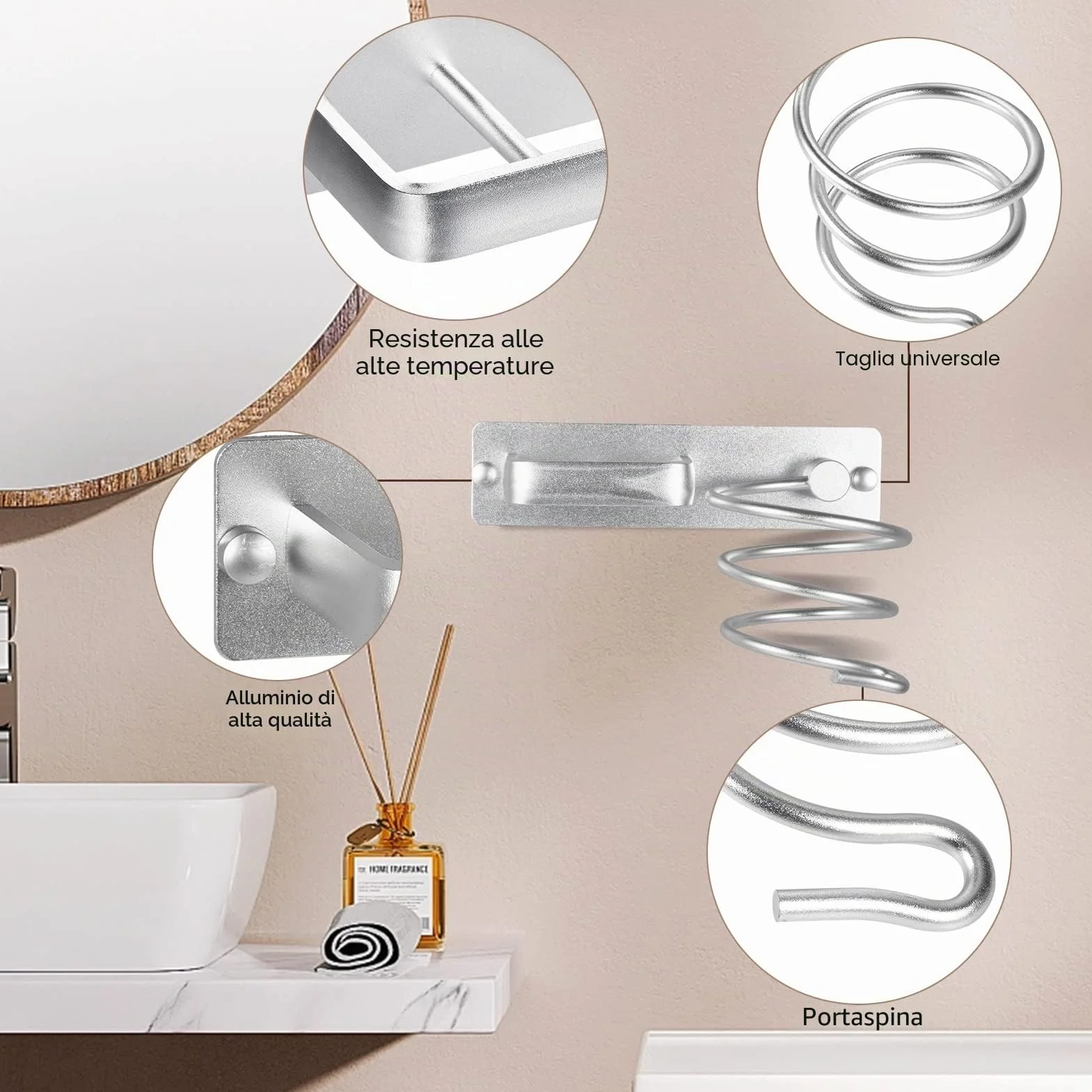 YUET Supporto per asciugacapelli, Porta Asciugacapelli da Parete Alluminio con Viti di Fissaggio per Asciugacapelli per Camere da Letto Toilette Barbiere Argentato