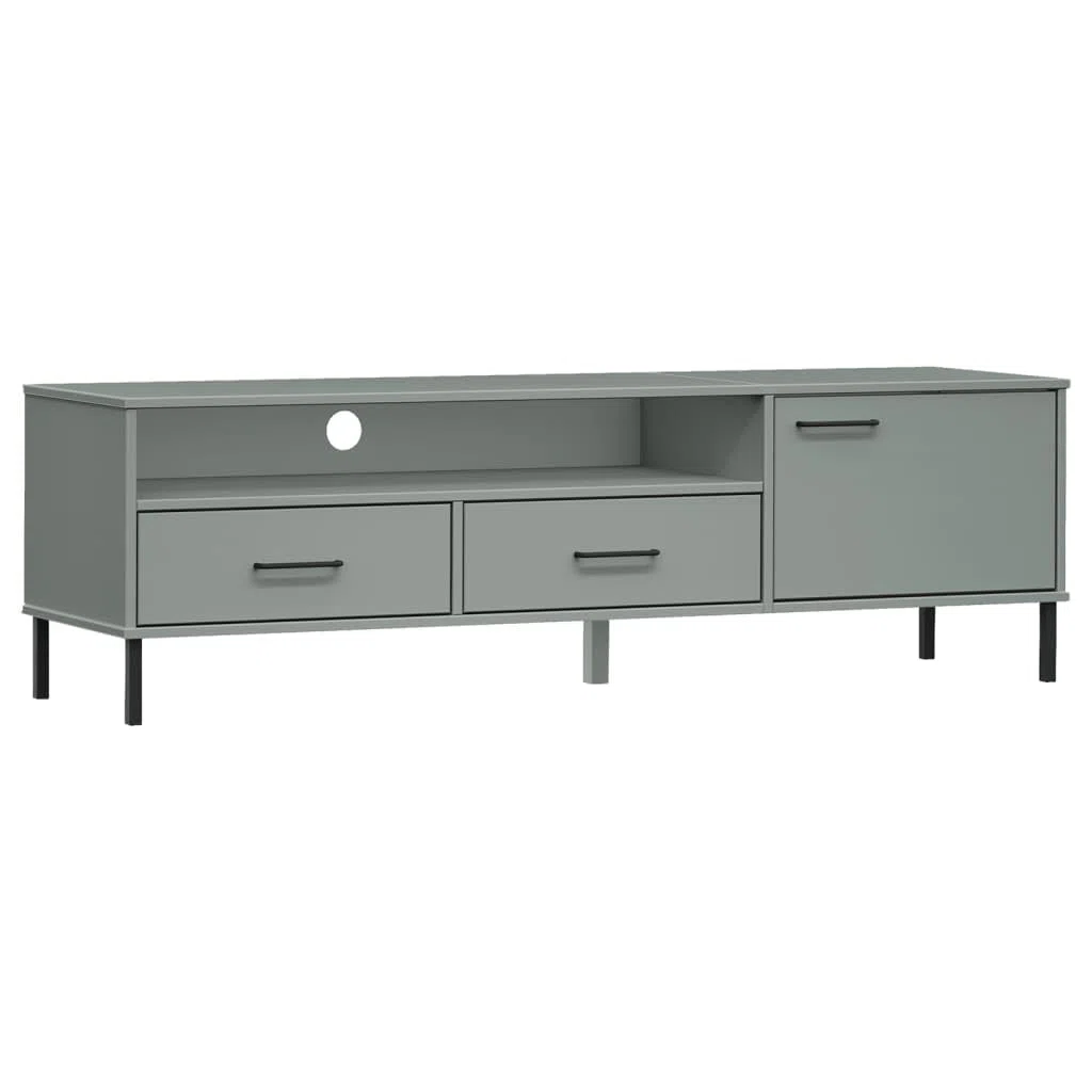 Oslo Mobile TV grigio in legno massiccio di pino, 158 x 40 x 46,5 cm, con gambe in metallo, 2 cassetti, centro di intrattenimento per soggiorno, stabile supporto TV
