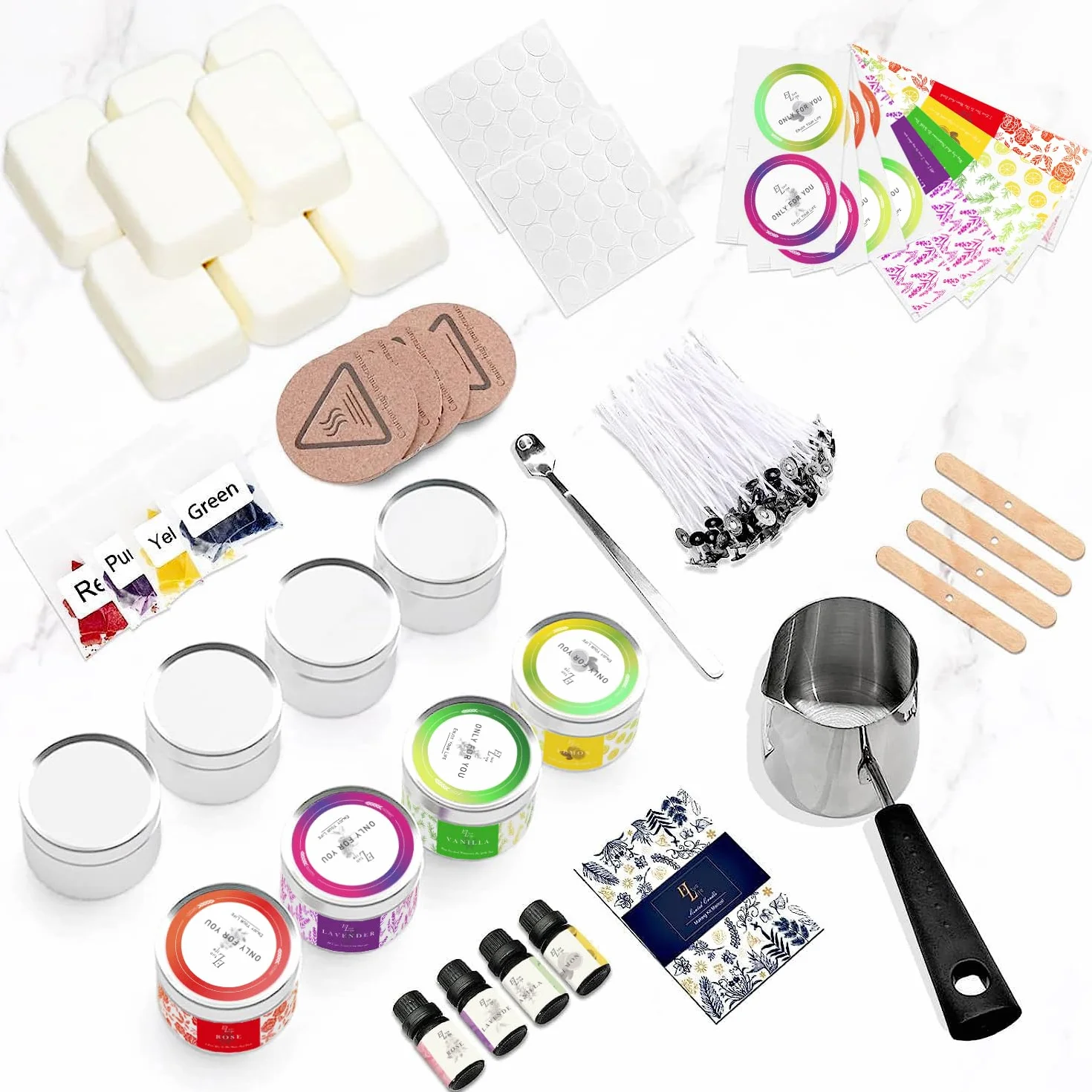 Kit Candele fai da te, Cera di soia, Oli Profumati, Stoppini, Crogiolo, Scatole, Colorante
