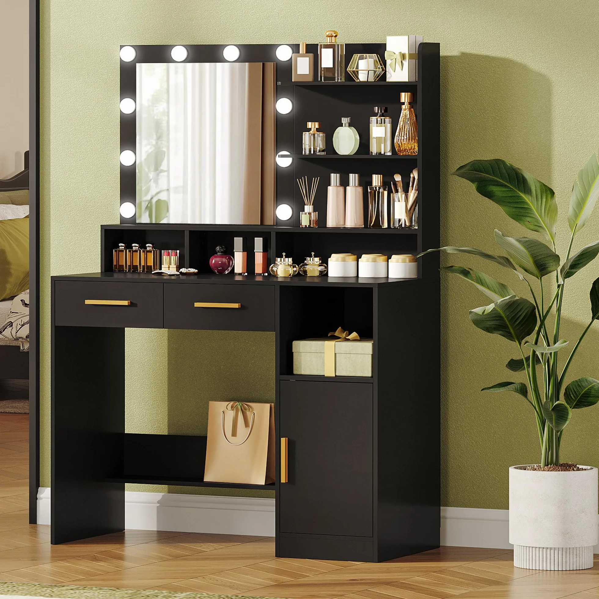 Hzuaneri Toeletta da Trucco, con 10 Luce LED con Luminosità Regolabile, Tavolo da Trucco con Specchio, 2 Cassetti e 1 Armadietto, 3 Ripiani e 4 Scomparti Aperti, Nero DT32506X
