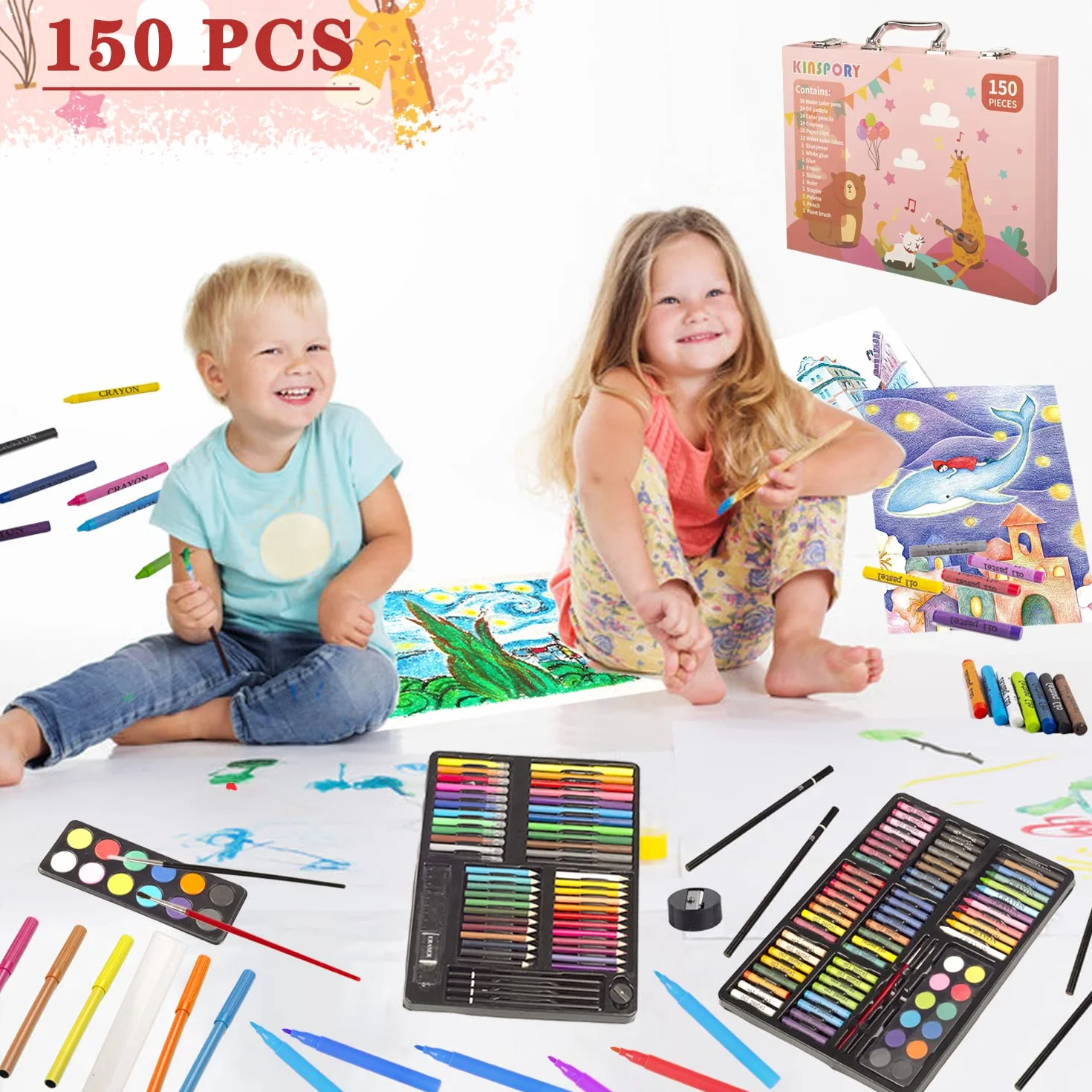KINSPORY 150 pezzi valigetta colori bambina, pittura valigetta per bambini, Set per disegno, kit disegno acquarellabili bambini