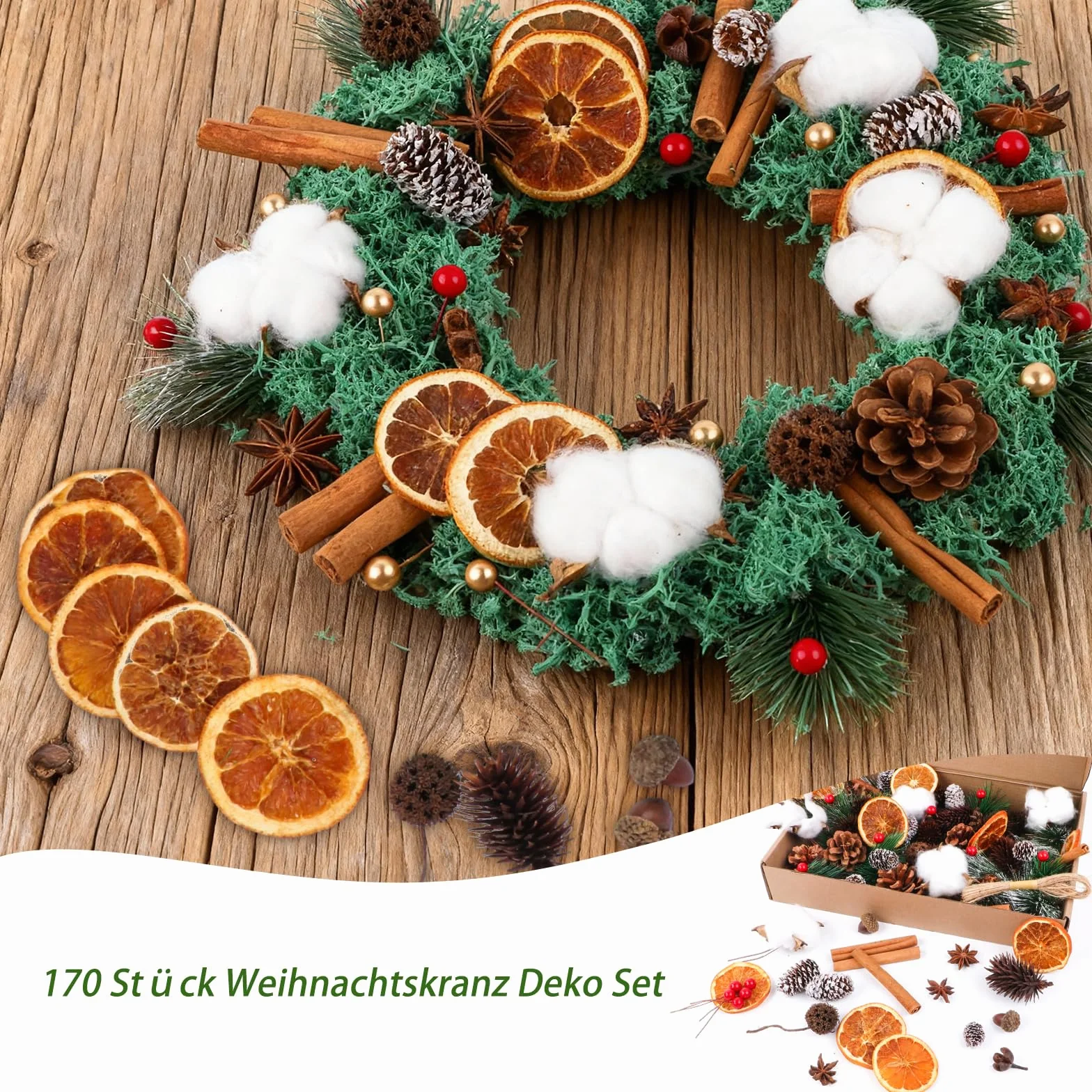Set di 170 pezzi per corona di Natale - Accessori per corona dell'Avvento con cotone, fette di arancia essiccate, bastoncini di cannella, anice stellato, noci, pigne, bacche, rami di abete
