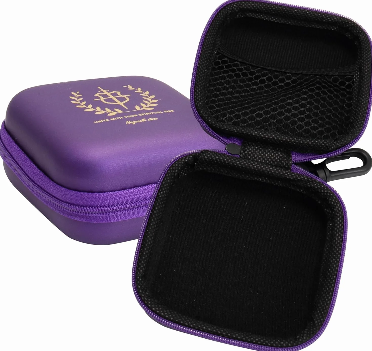 Custodia per rosario viola con cerniera e clip, guscio rigido protettivo, custodia da viaggio per rosari cattolici