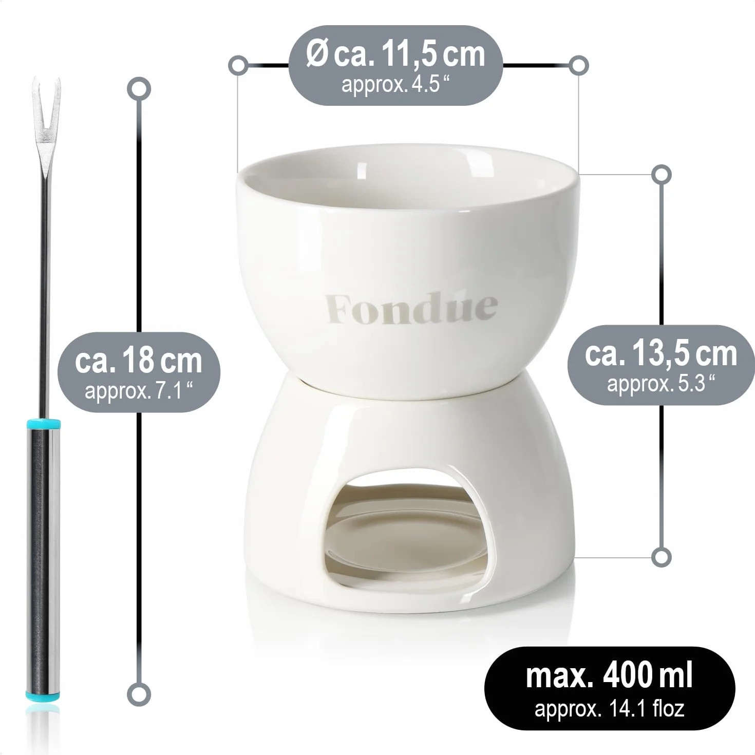 COM-FOUR® Set per fonduta di cioccolato - ciotola in ceramica con portacandela e 4 forchette - crogiolo per cioccolato e formaggio - bianco